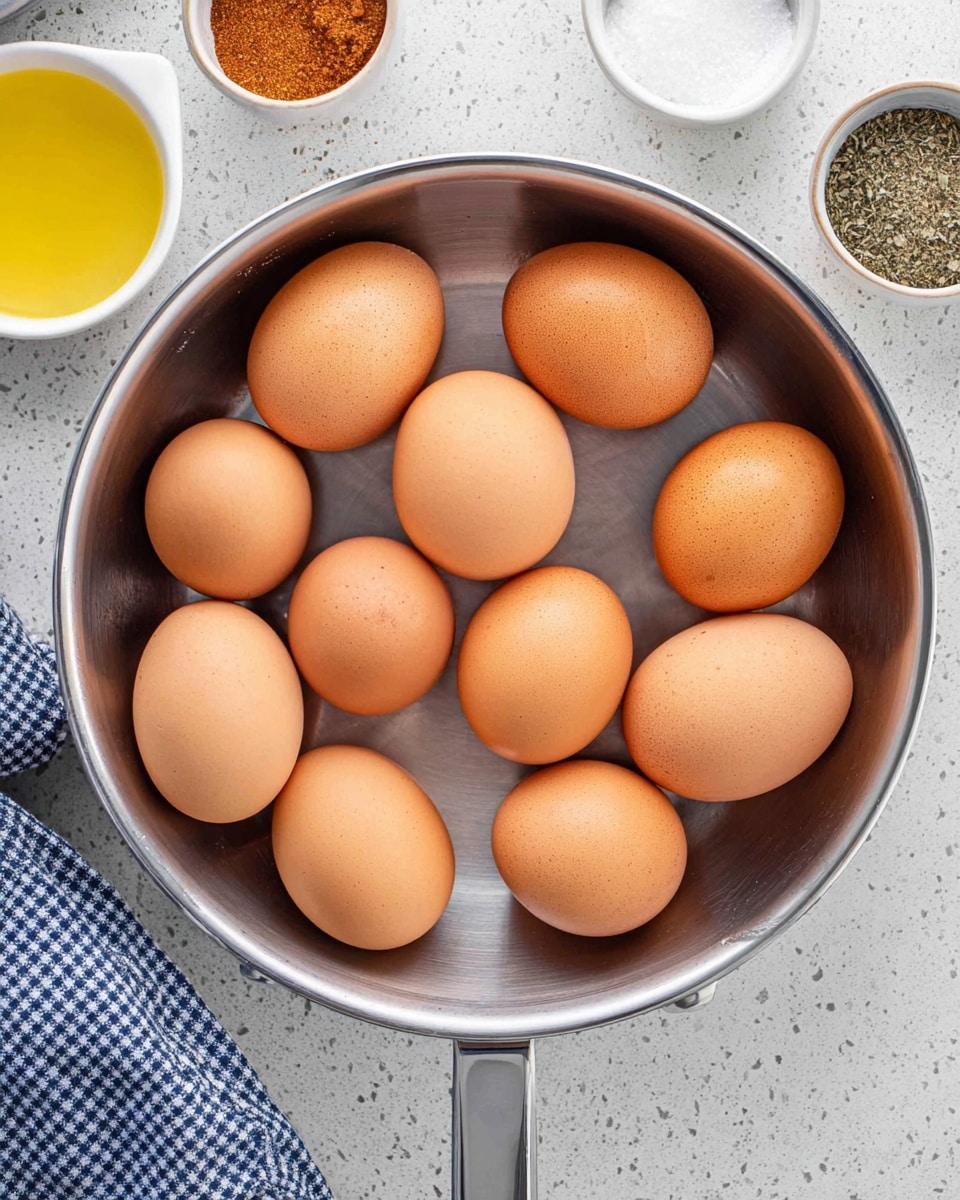 A round stainless steel pan filled with twelve whole brown eggs closely packed together. The eggs have smooth, matte shells in various shades of light brown. The pan has a shiny handle extending downward in the image. The surface under the pan is a white marbled texture with gray and black speckles. On the sides of the image, there are small white bowls containing spices and a yellow sauce, and a blue and white checkered cloth is partially visible. The lighting is bright, highlighting the natural colors of the eggs and the metallic shine of the pan. photo taken with an iphone --ar 4:5 --v 7