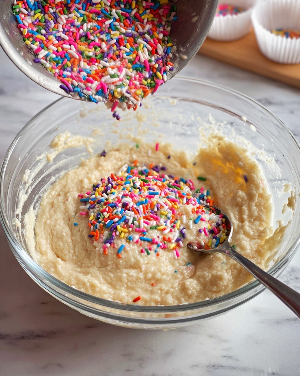 A clear glass bowl holds thick, creamy light beige batter with a slightly lumpy texture. On top of the batter, there is a pile of colorful rainbow sprinkles including pink, orange, green, white, purple, and yellow. A metal measuring cup, tilted above the bowl, is pouring more of the bright, multi-colored sprinkles into the batter. A metal spoon with a narrow handle rests inside the bowl on the right side, partially covered with batter. The bowl sits on a white marbled surface with some white paper cupcake liners visible in the background. photo taken with an iphone --ar 4:5 --v 7