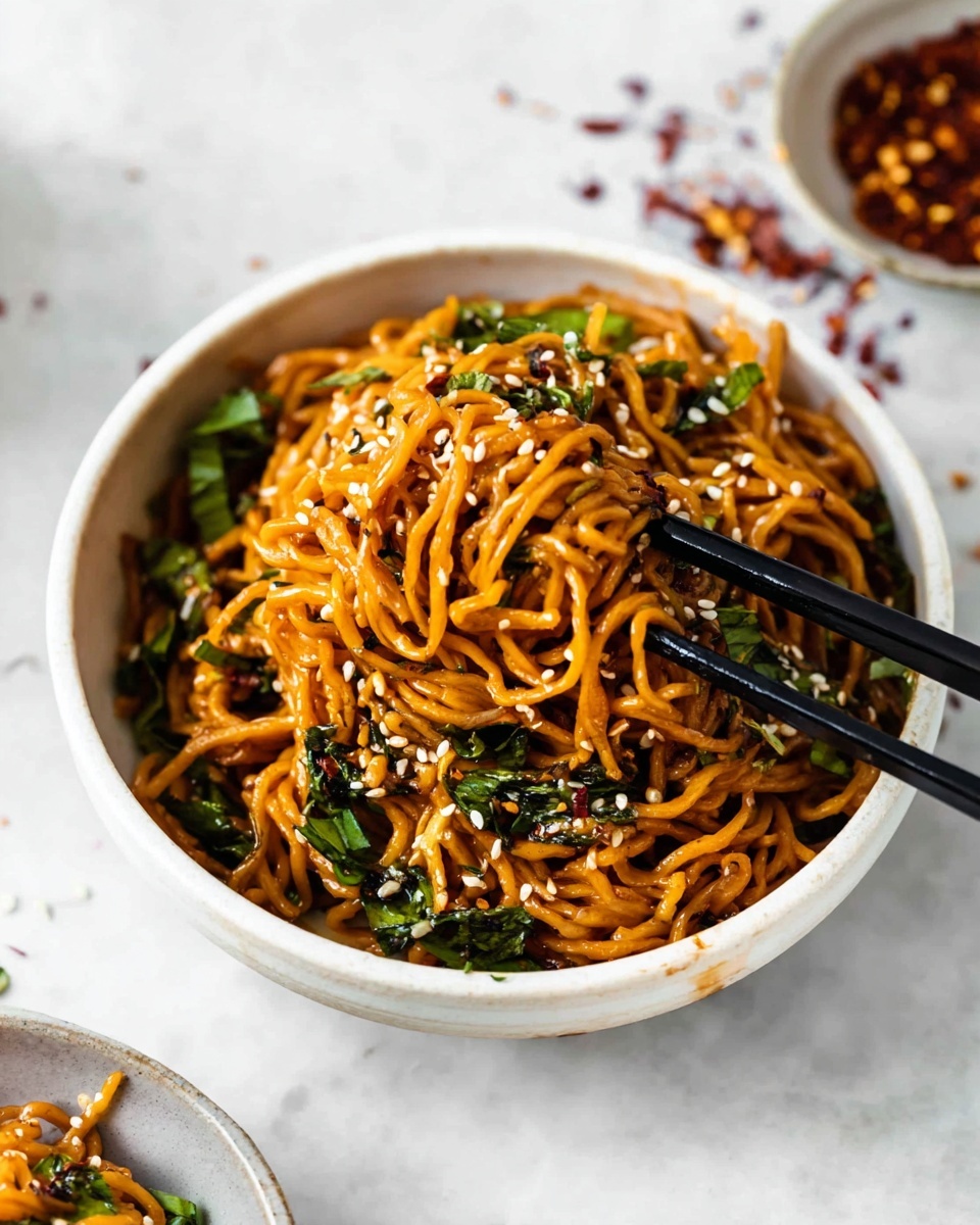 A white bowl filled with thin, orange-brown noodles mixed with dark green chopped herbs and sprinkled with white sesame seeds. The noodles have a glossy look and are twisted in layers inside the bowl. On the right side, a pair of black chopsticks lifts a small tangled portion of noodles. The bowl is placed on a white marbled surface with scattered bits of herbs and spices around it. A small bowl with red spice flakes is partially visible in the top right corner. photo taken with an iphone --ar 4:5 --v 7
