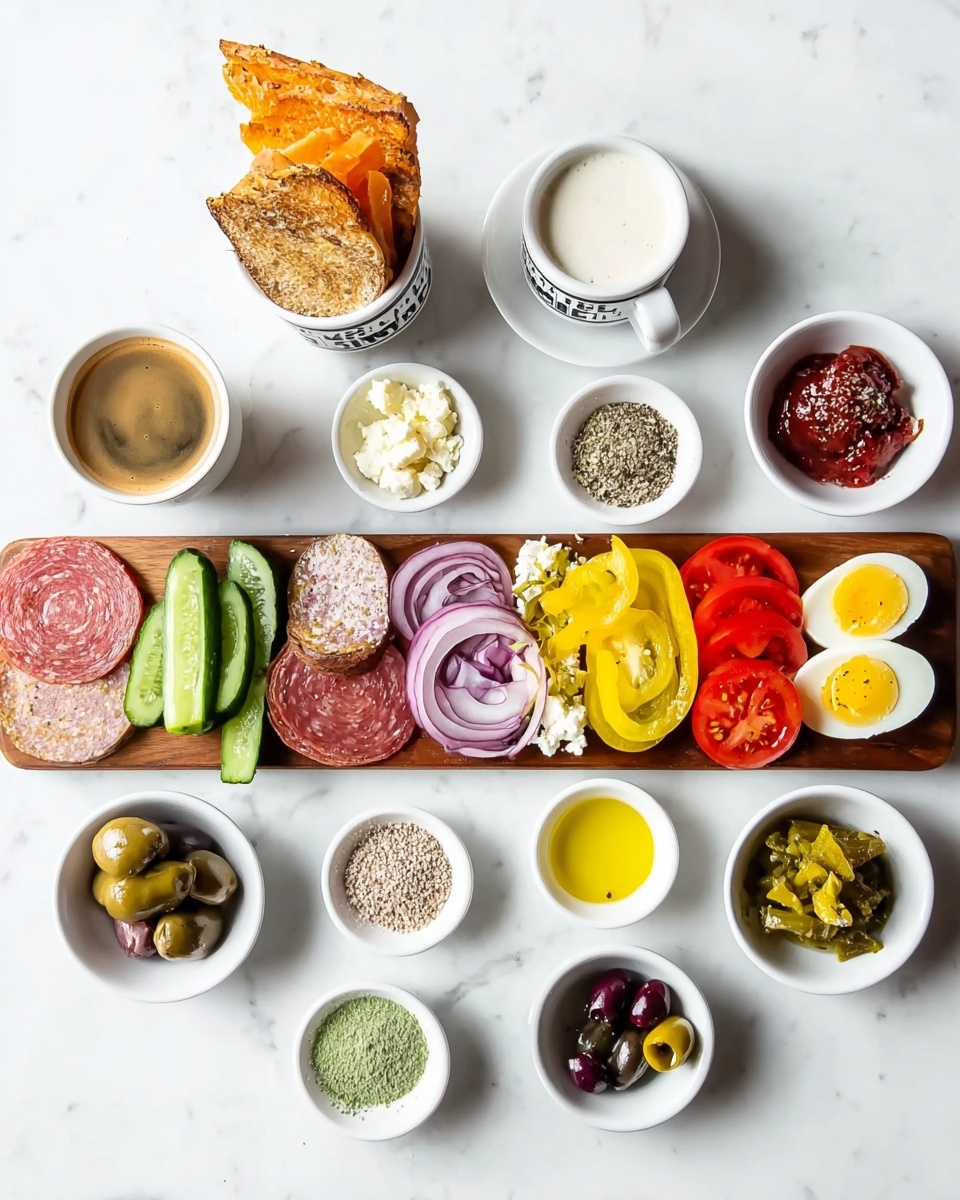 A wooden board at the center holds layers from left to right starting with green pickles sliced lengthwise, followed by thin rings of purple onion, bright red tomato slices on top of round slices of salami, small brown pickles, white pearl onions, yellow pickled peppers, and two hard-boiled egg halves with yellow yolks placed near the edge. Surrounding the board are small white bowls and dishes arranged in a circle on a white marbled surface; from the top center clockwise, there is a white bowl with two toasted bread slices and orange fried items, a bowl with white creamy sauce, a square dish with yellow oil, a round cup with coffee foam, a dish with black pepper and salt mix, a bowl with a seed seasoning mix, another bowl with white crumbly cheese, a square dish with red spicy sauce, a round bowl with red marinated peppers, and a bowl with green and purple olives, along with a small square plate with fine green powder on the side. photo taken with an iphone --ar 4:5 --v 7