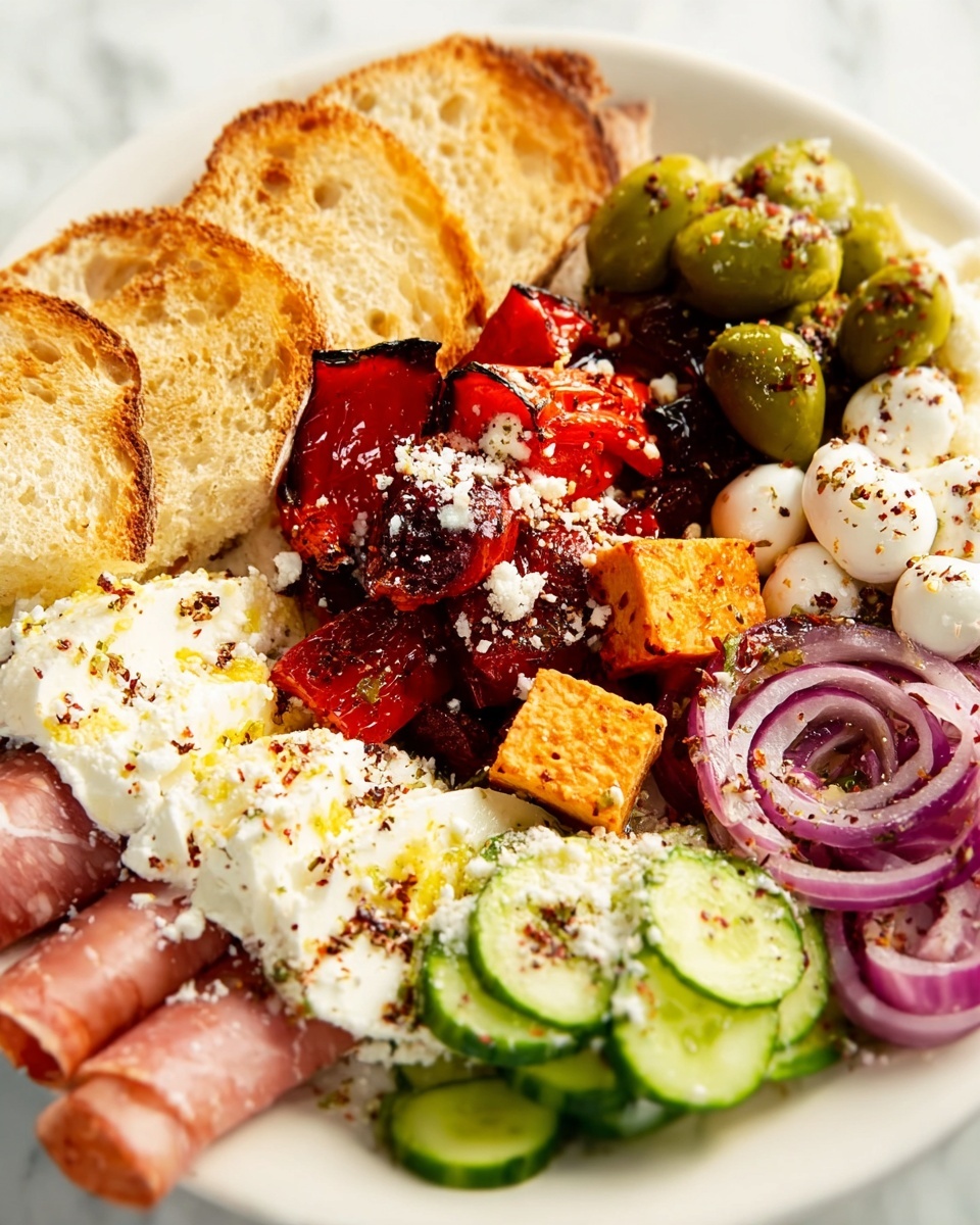 A white plate holds a colorful mix of food items arranged in layers. On the left, there are slices of toasted bread with a golden-brown crust. Next, bright red roasted peppers with some white crumbly cheese sprinkled on top sit beside a green olive and a cube of orange, textured tofu. In the center, there is a creamy white spread topped with slices of boiled egg that have dark red seasoning on them. Surrounding these are rings of thin purple onion, green pickles, slices of cucumber with the same dark red seasoning, and small white mozzarella balls with seasoning. Thin slices of folded cured meat lay near the bread, all resting on a white marbled surface. Photo taken with an iphone --ar 4:5 --v 7