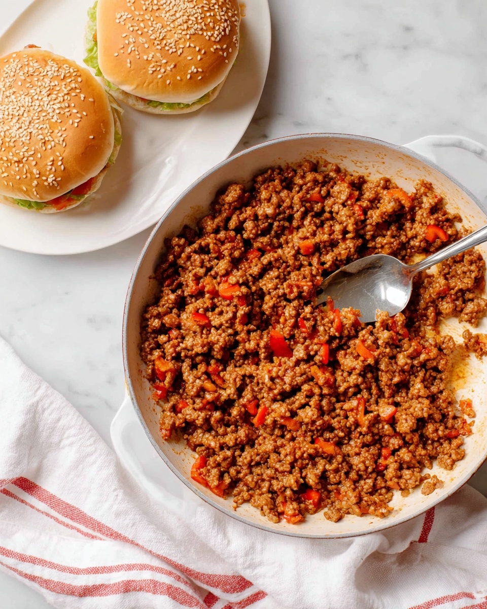 The image shows a white pan filled with cooked ground meat mixed with small pieces of red bell pepper, with a shiny silver spoon resting inside the pan. Next to the pan, there are two sesame seed buns, one placed on a white plate and the other directly on the white marbled surface. A folded white cloth with red stripes lies nearby. The colors are warm with the brown meat and red pepper contrasting against the white elements around. Photo taken with an iphone --ar 4:5 --v 7