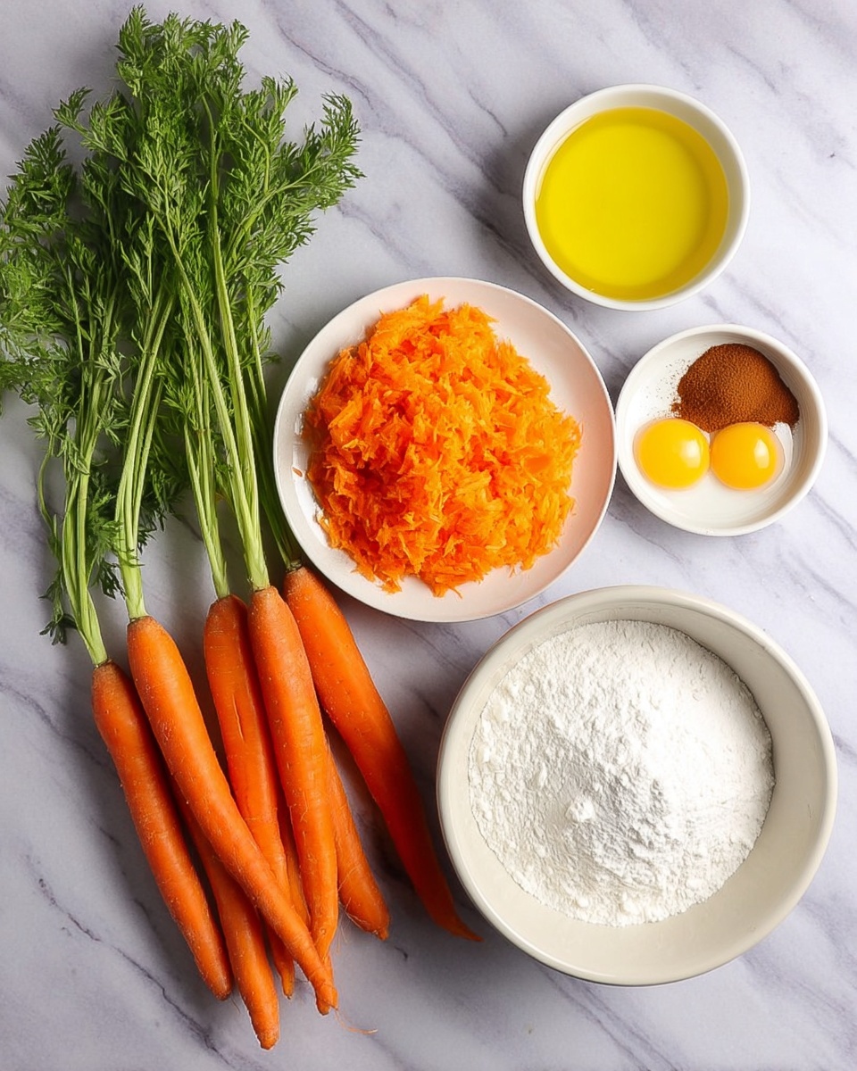 The image shows fresh orange carrots with green tops on a white marbled surface to the left side. Next to them, there is a round white plate filled with bright orange grated carrots, creating a soft textured layer. Above the plate, there is a small white bowl filled with clear yellow oil, and next to it, another small white bowl containing four raw yellow egg yolks in clear egg white. On the right side, there is a large white mixing bowl with a layer of white flour, white sugar, and a small mound of brown cinnamon powder arranged separately within the bowl. The bright colors and textures of the ingredients create a fresh and clean look. photo taken with an iphone --ar 4:5 --v 7