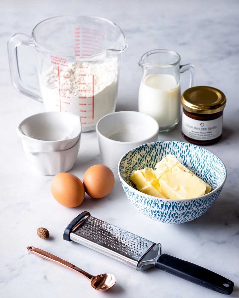 The image shows a baking setup on a white marbled surface with various ingredients and tools. In the background, there is a clear measuring jug filled halfway with flour, next to a slightly smaller clear jug containing milk. In front of these, two brown eggs rest in a small white bowl, and there is another empty small white bowl beside it. To the right, a larger white bowl with a blue geometric pattern holds soft yellow butter. In the lower foreground, a metal grater with a black handle lies flat with a nutmeg seed on top, while a small metallic measuring spoon with a copper handle sits nearby. A small jar of pure vanilla bean paste with a gold lid stands upright near the bowls. The entire scene is bright and clean, arranged neatly for recipe preparation photo taken with an iphone --ar 4:5 --v 7