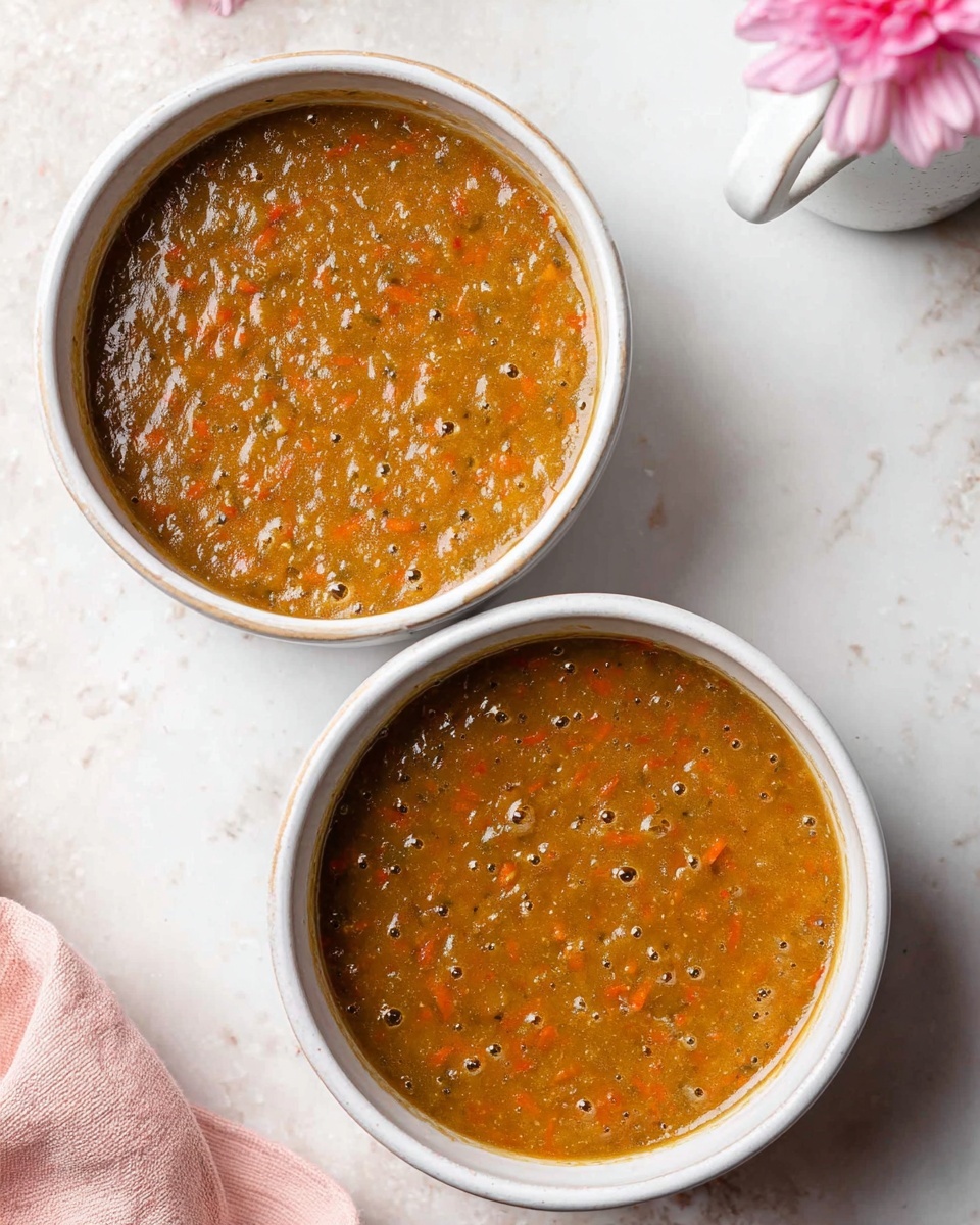 Two white round bowls sit on a white marbled surface, filled with a thick, brownish-orange batter that shows small bits of orange carrot and darker spice specks spread throughout. The batter fills the bowls close to the top, with a smooth but slightly textured surface that has tiny bubbles and visible moisture. A pink cloth is partially visible at the top left corner and a white cup with a pink flower is at the top right corner of the image. Photo taken with an iphone --ar 4:5 --v 7
