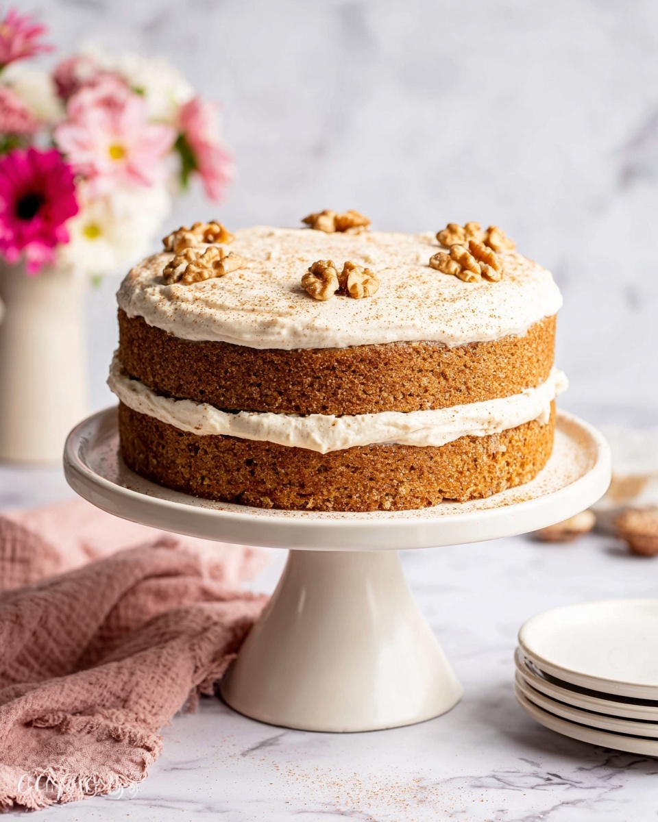The image shows a two-layer carrot cake on a white cake stand. The bottom and top layers are moist and brown with visible carrot pieces and crumbs. Between the layers is a thick spread of creamy white frosting, which also covers the whole top layer of the cake. The top has a light dusting of brown powder and is decorated with six whole walnut halves spaced evenly around the edge. Some crumbs are scattered on the white stand below the cake. In the background, a slice of the cake sits on a white plate on a white marbled surface. photo taken with an iphone --ar 4:5 --v 7