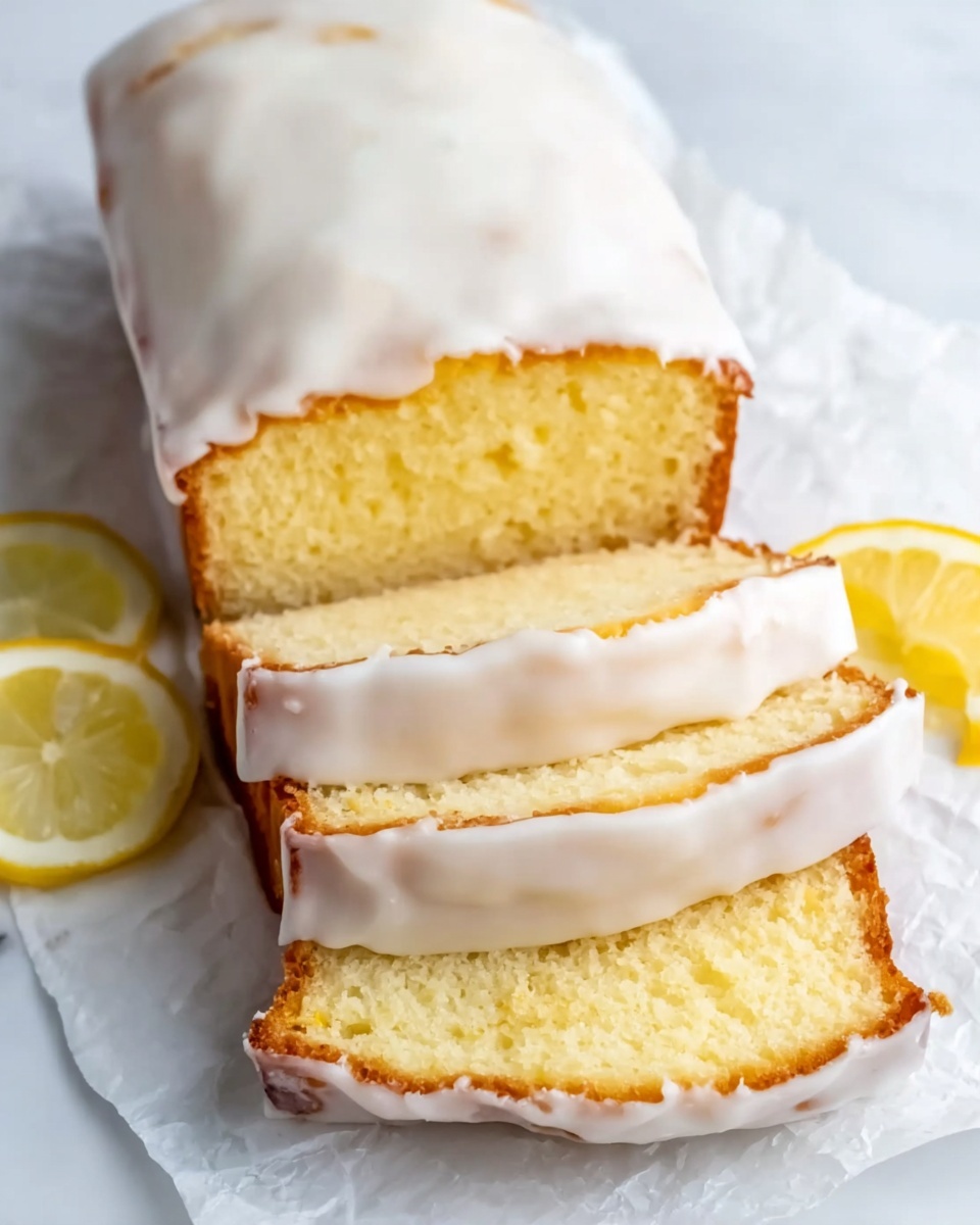A loaf of lemon cake covered in white icing sits on a sheet of white parchment paper over a white marbled surface. The cake has been sliced twice, revealing a soft, light yellow inside with a fine texture. The shiny white icing coats the top and sides of the loaf, with a smooth, slightly thick finish that drips just a little over the edges. Next to the cake, you can see two thin lemon slices, adding a bright yellow contrast to the scene. Photo taken with an iphone --ar 4:5 --v 7