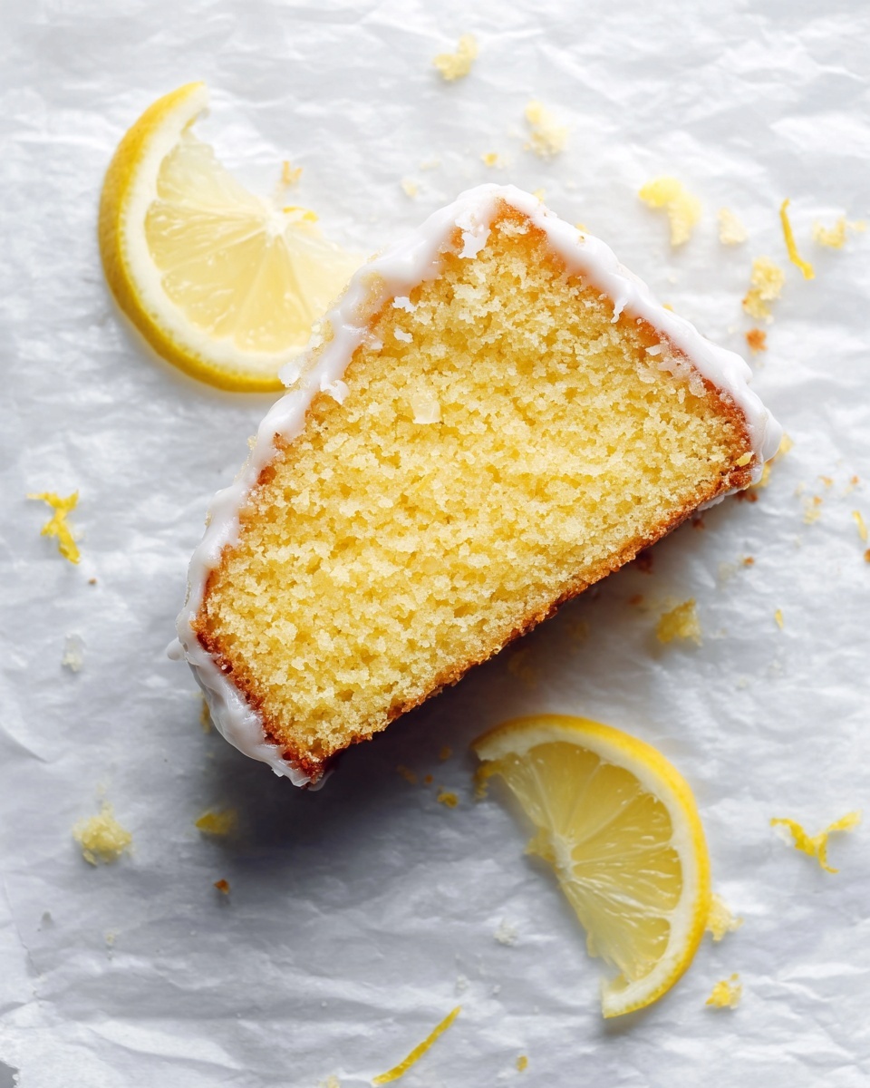 A single slice of yellow lemon cake with a light brown crust on the bottom and sides rests on crinkled white parchment paper on a white marbled surface. The top of the cake has a thin layer of white icing that looks slightly glossy. There is a bite taken from the upper right corner of the slice. Two lemon wedges, one near the top and one near the bottom, are placed close to the cake slice. Small smudges of icing are seen on the parchment paper around the cake. Photo taken with an iphone --ar 4:5 --v 7