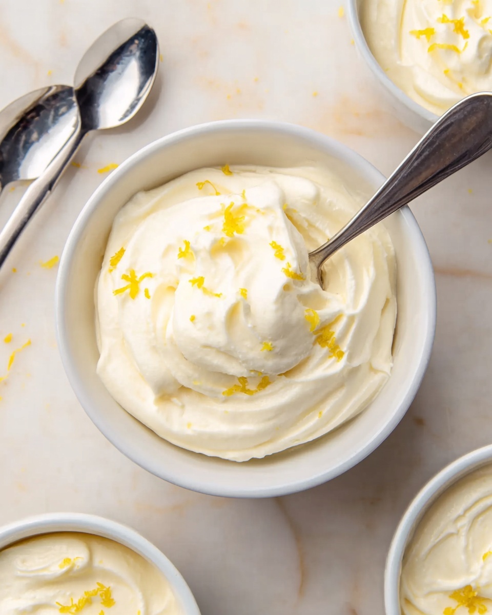 The image shows a close-up top view of a single white bowl filled with creamy white mousse or whipped dessert, with small pieces of yellow zest sprinkled on top. A spoon is resting inside the mousse, partially digging into the soft texture, showing swirls and folds in the dessert. Around the main bowl, parts of additional white bowls with the same mousse are visible. The background is a white marbled surface with two stainless steel spoons placed nearby. photo taken with an iphone --ar 4:5 --v 7