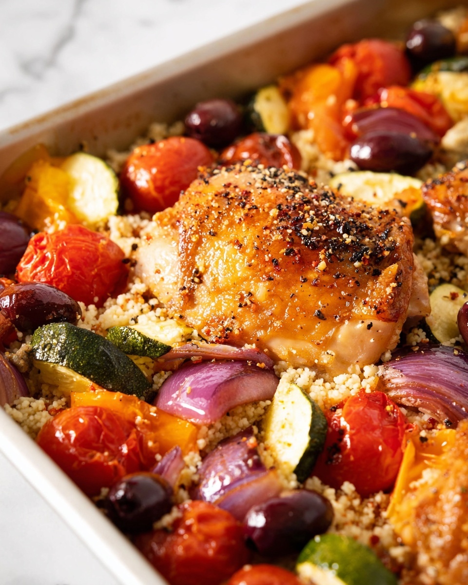 The image shows a close-up of a cooked dish with one layer of golden brown roasted chicken thigh sprinkled with black pepper flakes on top, placed on a base layer of light beige couscous. Around the chicken, there are bright red roasted cherry tomatoes, dark purple olives, green and yellow zucchini slices, and purple-red onion wedges. The vegetables look soft and shiny with light browning. The dish is served in a white baking tray on a white marbled surface. photo taken with an iphone --ar 4:5 --v 7