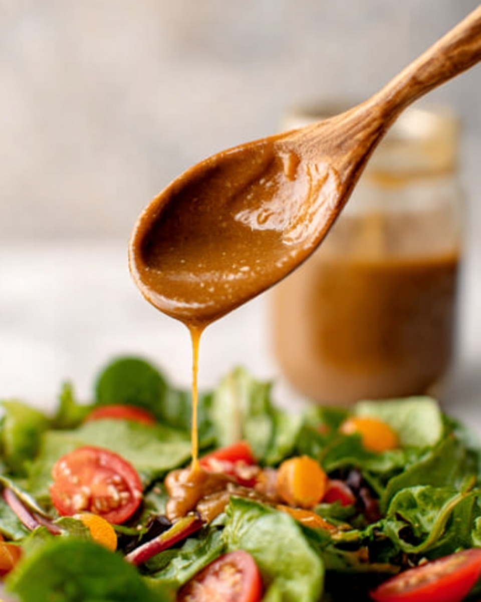 A wooden spoon held by a woman's hand is dripping a light brown sauce with a smooth texture. Below the spoon, there is a fresh green salad made of leafy greens and topped with sliced red tomatoes and small orange pieces. The background is a softly blurred white marbled surface with a clear glass jar filled with more brown sauce slightly out of focus. The image captures a close-up view, focusing on the spoon and the colorful salad underneath. photo taken with an iphone --ar 4:5 --v 7