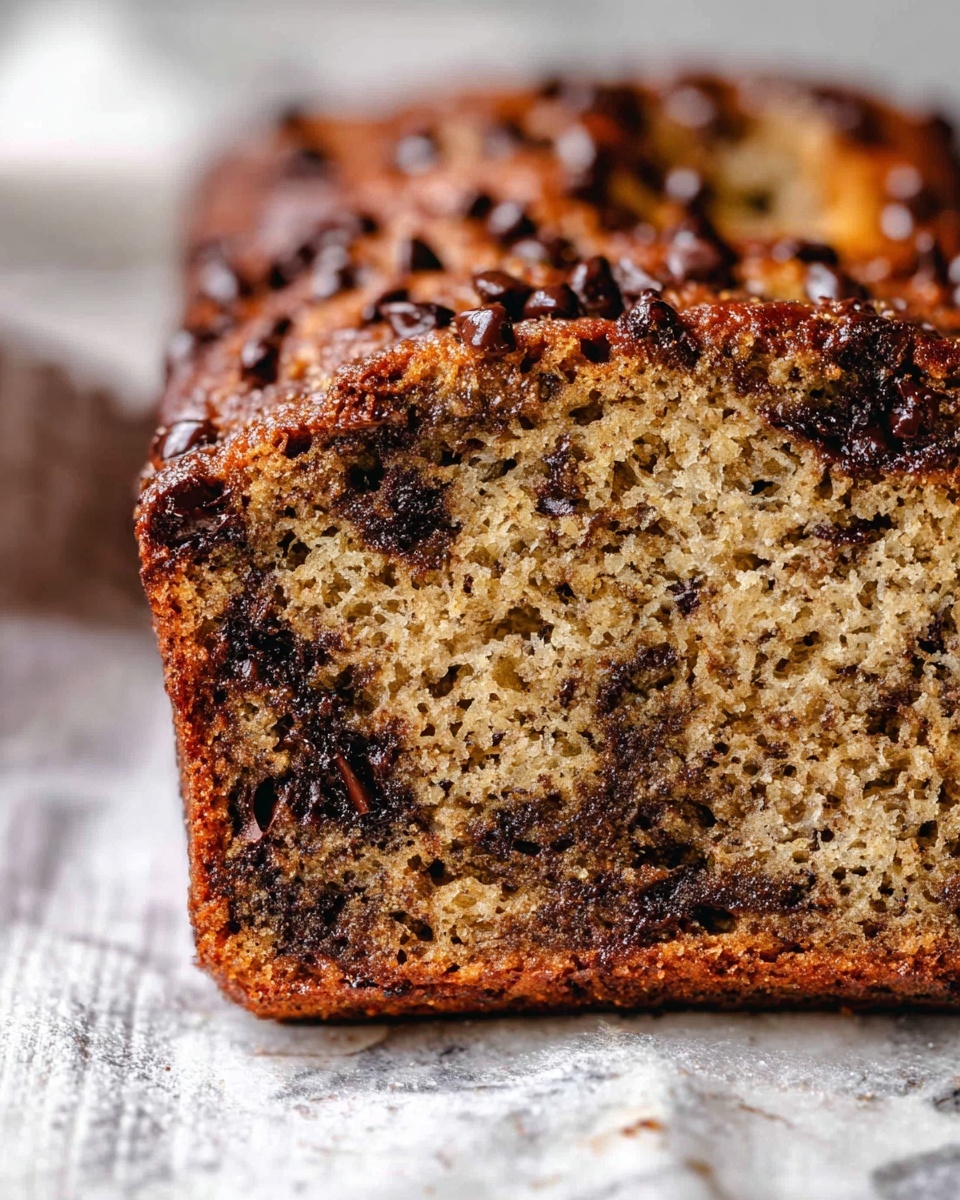 A close-up view of a slice of banana bread resting on a white marbled textured surface. The bread has a golden-brown crust with a bumpy texture on top, studded with chocolate chips. Inside, the bread is moist with a light brown color and darker spots where the melted chocolate is spread evenly throughout the slice. The slice is thick, showing the dense but soft texture of the bread. The background is slightly blurred, emphasizing the bread’s rich texture. photo taken with an iphone --ar 4:5 --v 7