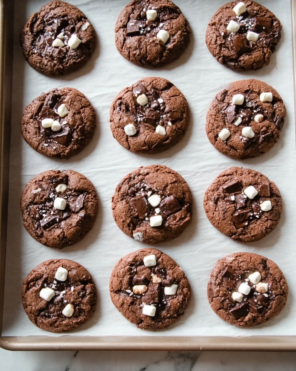 The image shows twelve round chocolate cookies on a baking sheet lined with parchment paper, arranged in three rows with four cookies each. Each cookie is brown with a slightly rough texture, with visible chunks of dark chocolate and small white marshmallows scattered across the top. The baking sheet is placed on a white marbled surface. photo taken with an iphone --ar 4:5 --v 7