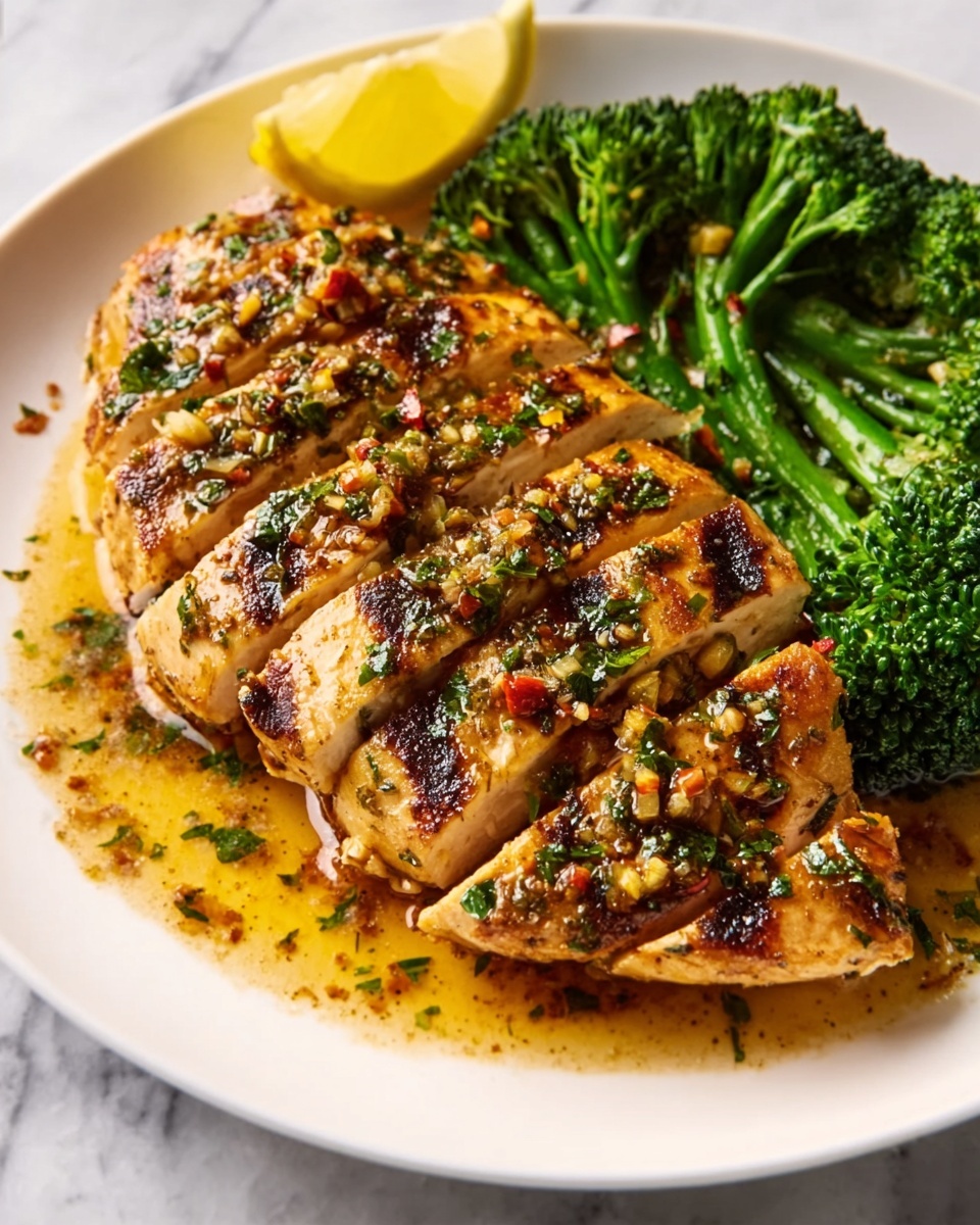 A white plate holds a cooked golden brown chicken with visible grill marks, sliced into five thick pieces arranged horizontally. The chicken is topped with small bits of garlic, herbs, and light red chili flakes, with a glossy herb sauce pooling around its base. On the upper right side of the plate, there are bright green cooked broccoli florets, partially overlapping the chicken. A partly visible lemon wedge with bright yellow skin is positioned at the top left corner of the plate. The entire scene sits on a white marbled surface. Photo taken with an iphone --ar 4:5 --v 7