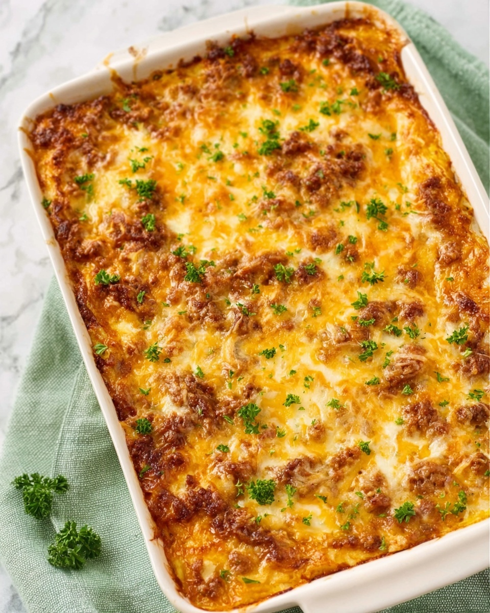 The image shows a white rectangular baking dish filled with a golden brown cheesy casserole. The top layer is melted cheese with some crispy browned spots, sprinkled evenly with small green parsley leaves. Underneath the cheese, a slightly textured layer suggests meat mixed with melted cheese. The dish is placed on a soft green cloth, resting on a white marbled surface, with soft natural light highlighting the melted cheese and herbs. photo taken with an iphone --ar 4:5 --v 7