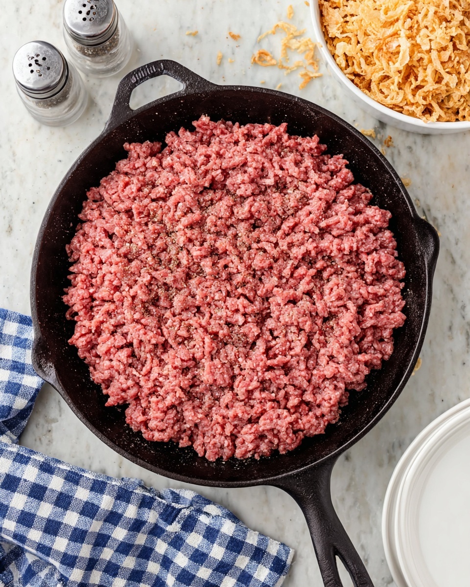 The image shows a black cast iron pan filled with one layer of raw ground beef, which is bright pink with some darker reddish spots and a coarse texture, sitting on a white marbled surface. Above the pan, there is a white bowl filled with crispy fried onions that have a light golden brown color and a crunchy texture, forming a single fluffy layer. On the right side, part of a plain white plate is visible. Salt and pepper shakers are placed near the bottom left of the pan next to a blue and white checkered cloth. Photo taken with an iphone --ar 4:5 --v 7