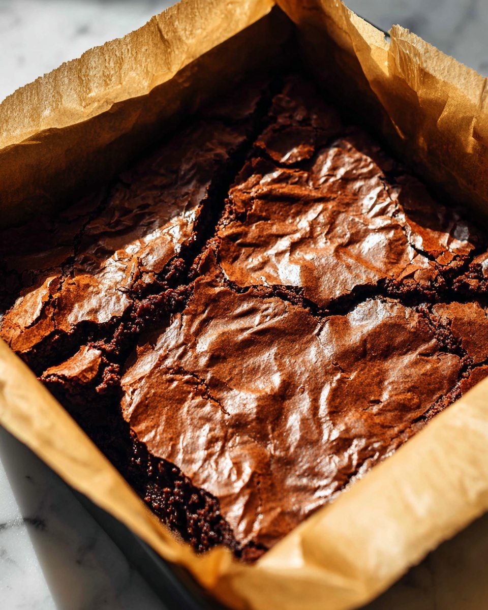 A close-up of a thick, dark brown brownie with a shiny, cracked surface showing a rich texture, still in a square baking tin lined with light brown parchment paper, the edges darker and slightly raised, with folds and wrinkles on top where it has baked unevenly, sitting on a white marbled surface; soft natural light highlights the glossy cracks and texture, casting some shadows over the edges photo taken with an iphone --ar 4:5 --v 7