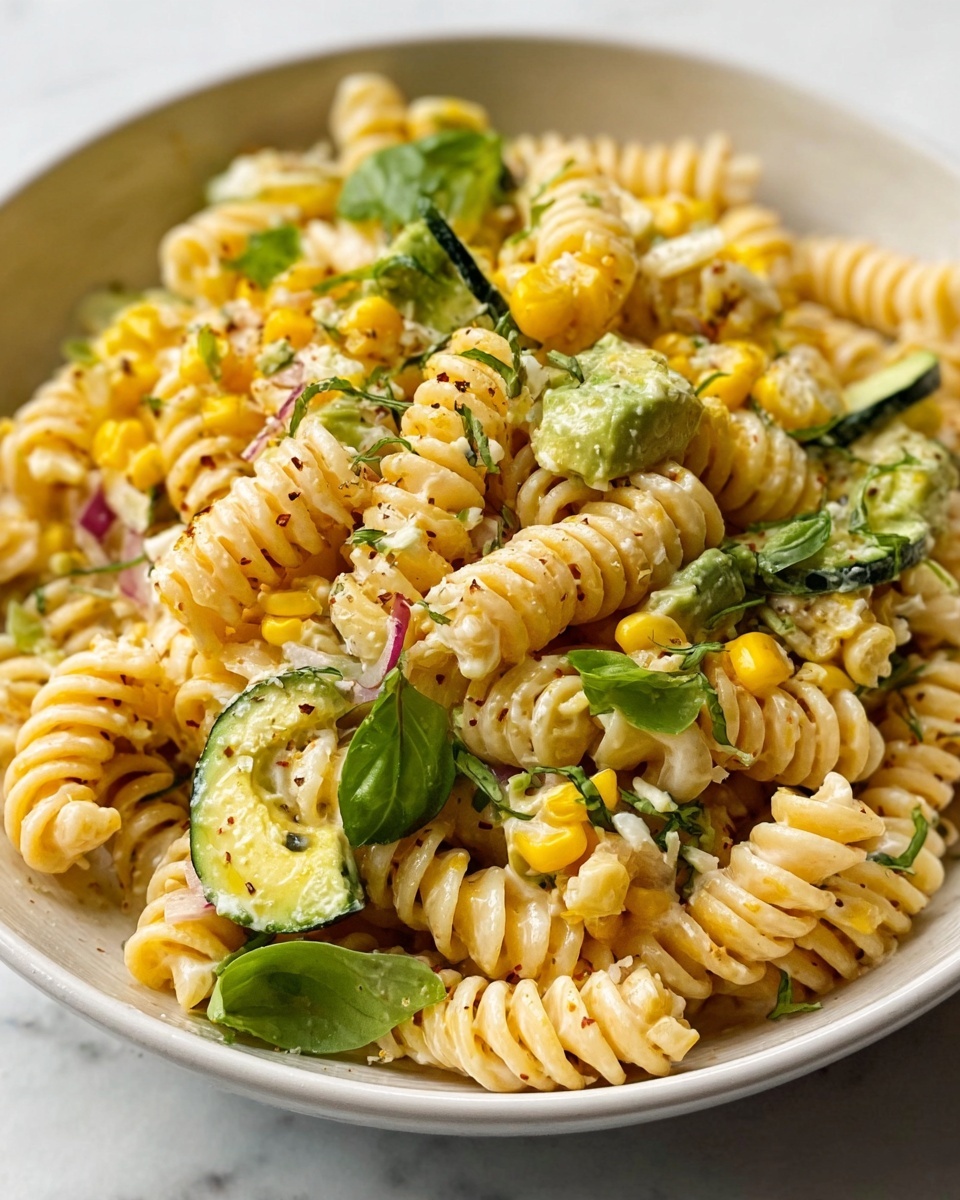 The image shows a white bowl filled with spiral pasta mixed with yellow corn kernels, small green avocado slices, and tiny red pieces that look like red onion. The dish has fresh green basil leaves on top and a light sprinkle of herbs, giving a fresh and colorful look. The pasta looks soft and creamy, with the ingredients spread evenly. The bowl sits on a white marbled surface. photo taken with an iphone --ar 4:5 --v 7