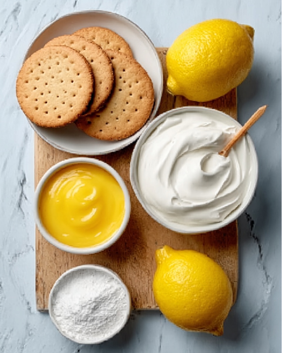 The image shows a round lemon cheesecake with a thick, golden brown crust at the bottom and a smooth, creamy pale yellow filling above. The top layer is a glossy lemon glaze, decorated with a ring of white whipped cream dollops around the edge. One slice is removed, revealing the clean layers inside. Three thin lemon slices rest on the white plate next to the cake. The cake sits on a white marbled surface with whole lemons and lemon zest in the blurred background. Photo taken with an iphone --ar 4:5 --v 7