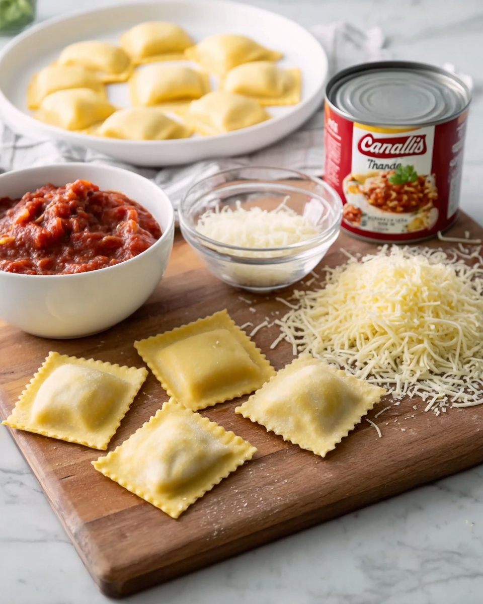 The image shows a wooden cutting board placed on a white marbled surface, filled with ingredients for making ravioli. In the foreground, there are six square ravioli with a pale yellow dough, some lying flat and others stacked, showing their puffy filling inside. To the right of the ravioli, there is a small pile of shredded cheese in pale yellow color with a powdery texture from grated cheese. A small glass bowl filled with finely grated white cheese sits next to the shredded cheese. Behind these, a white bowl contains chunky red sauce with visible pieces of tomato and herbs. To the right of this bowl, there is a red and white can of tomato sauce with a label and a small image of sauce and a green herb on the front. In the background, a white plate holds more ravioli arranged in a circular pattern. The overall setting looks neat and inviting, with soft natural light coming from the left side. photo taken with an iphone --ar 4:5 --v 7