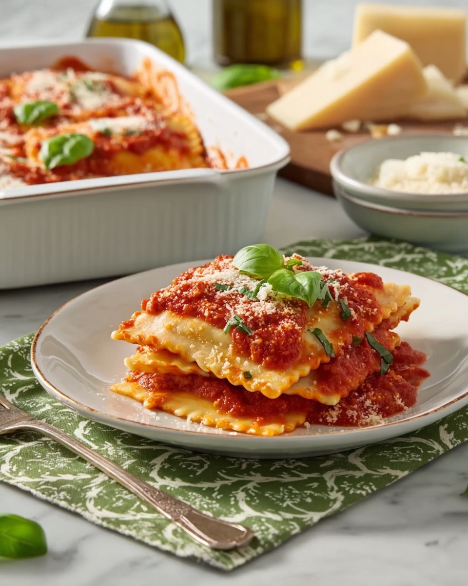 A white plate holds a stack of three square ravioli with crimped edges, each layer showing a pale yellow pasta texture. The ravioli are covered with a thick, bright red tomato sauce with visible small chunks of tomato and green herbs mixed in. The top ravioli is sprinkled with grated white cheese and garnished with fresh green basil leaves. Behind the plate is a white rectangular baking dish filled with more ravioli and sauce. The scene is set on a white marbled surface with a green patterned cloth under the plate, a fork resting beside it. In the background, there are small bowls and a white plate holding large wedges of hard cheese. Photo taken with an iphone --ar 4:5 --v 7