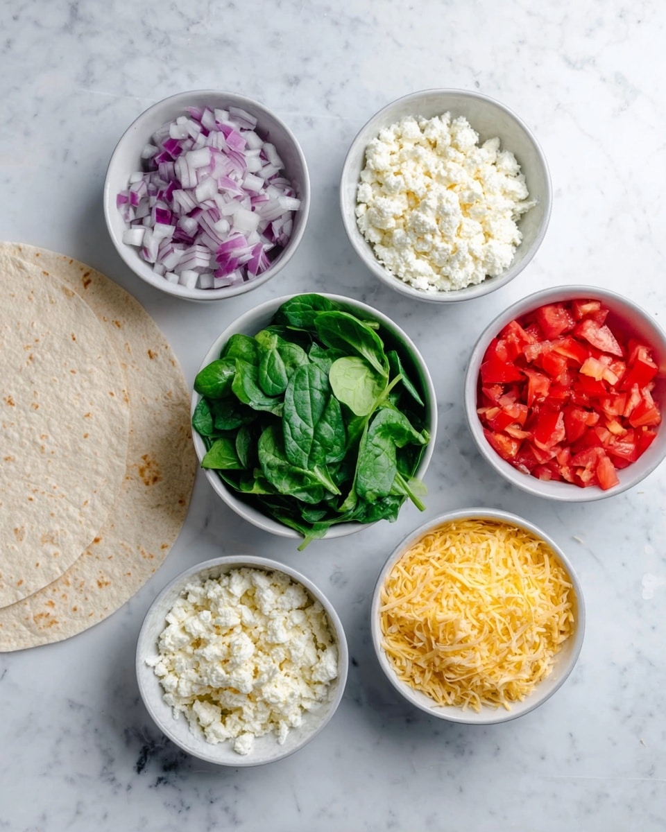 The image shows a white marbled surface with six small white bowls and one folded tortilla on the left side. The top left bowl contains small pieces of purple and white onion, the top center bowl holds white crumbled cheese, the bottom center bowl is filled with fresh green spinach leaves, and the bottom right bowl holds grated yellow cheese. The middle bowl has bright red chopped tomatoes. A white tortilla is folded and placed flat on the left side of the bowls. photo taken with an iphone --ar 4:5 --v 7