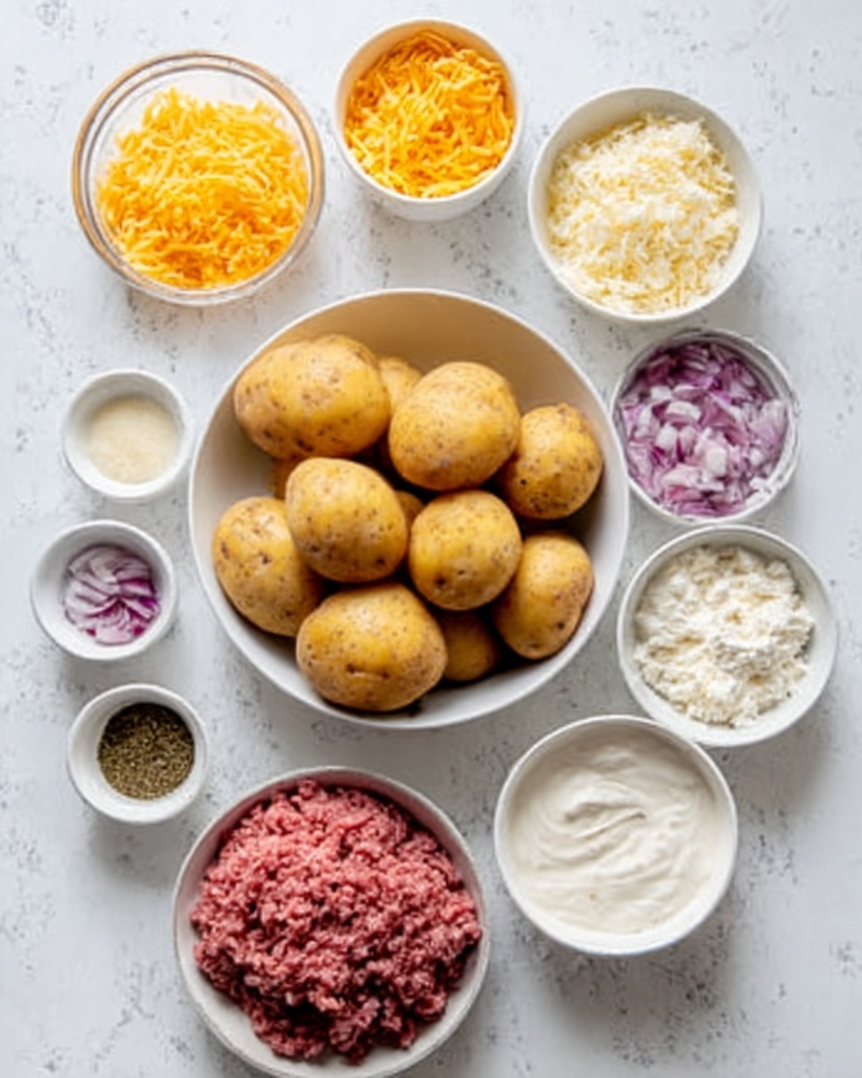 The image shows a white marble surface with several clear and white bowls arranged neatly. In the center, there is a medium white bowl filled with whole yellow potatoes. Surrounding it are smaller white bowls containing different ingredients: two types of cheese, one grated light yellow and another grated bright orange, a small bowl of finely chopped red onion, and ground meat that is reddish pink. There is also a bowl of a thick white creamy mixture, bowls with white powders or sauces, and small portions of dark brown and green seasonings. The colors vary between creamy white, yellow, orange, pink, and brown, with textures ranging from creamy, grainy, to rough. photo taken with an iphone --ar 4:5 --v 7