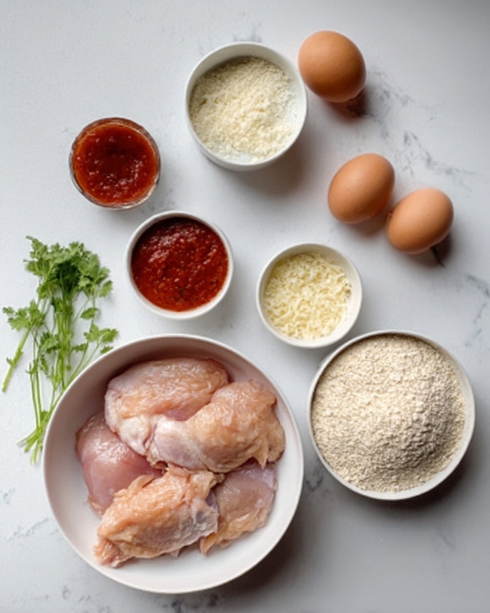 The image shows raw chicken pieces placed in a white bowl on a white marbled surface. Around the bowl, there are three brown eggs, a bowl of red sauce, a small bowl with chopped garlic, a small bowl with grated cheese, and a large white bowl filled with flour and breadcrumbs mixed together. A few sprigs of fresh green herbs are placed nearby for decoration. The overall scene looks clean and organized, with all the ingredients ready for cooking. photo taken with an iphone --ar 4:5 --v 7