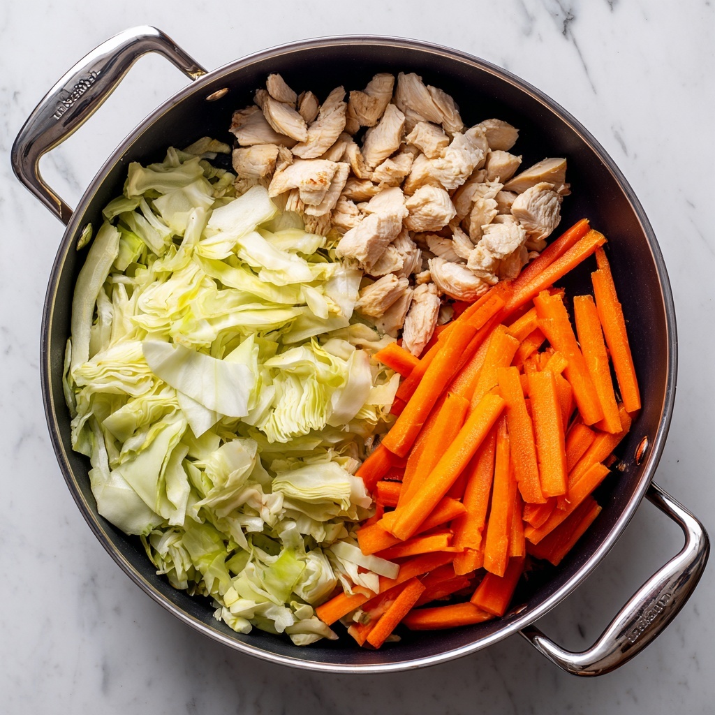 A black pan on a white marbled surface holds three different piles of fresh vegetables layered side by side. On the left side, there is chopped light green cabbage with thin, short strips. The top right section has sliced white mushrooms with light brown gills, arranged in a scattered pile. The bottom right section displays bright orange carrot sticks cut into long thin pieces. The pan has shiny silver handles, and the overall scene is bright and clear, showing fresh raw ingredients ready to cook photo taken with an iphone --ar 4:5 --v 7