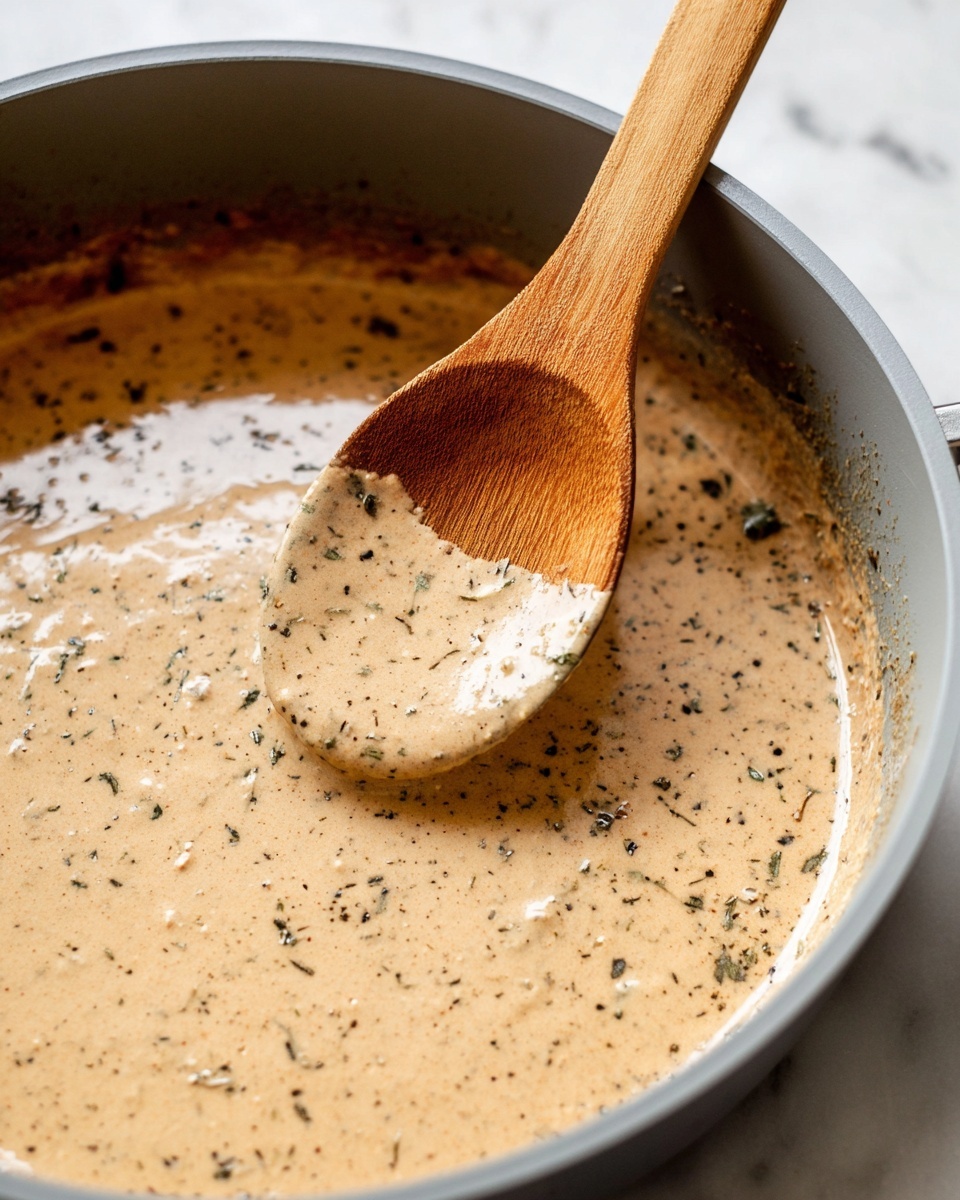 The image shows a close-up of a light brown creamy sauce with dark green and black specks of herbs and spices, inside a light grey pan. A wooden spoon with a smooth finish is held over the sauce, scooping some up, showing its thick and smooth texture. The sauce spreads evenly in the pan, covering the surface with some slight bubbles and texture variations. The background is a white marbled texture. photo taken with an iphone --ar 4:5 --v 7