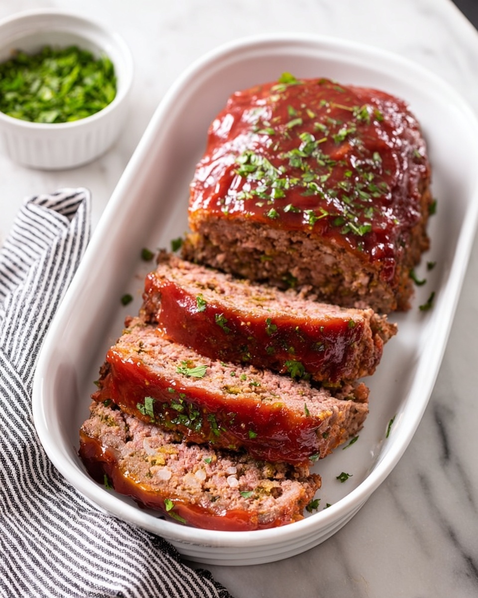 A white oval dish holds a meatloaf sliced into four pieces, with three slices lying flat and one larger piece standing at the back. The meatloaf has a reddish brown glazed sauce on top with a shiny texture, and green herbs sprinkled over all the pieces. The inside of the meatloaf is soft and pinkish brown. The dish is placed on a white marbled surface, next to a small white bowl filled with green herbs, and a black and white striped cloth is nearby. photo taken with an iphone --ar 4:5 --v 7