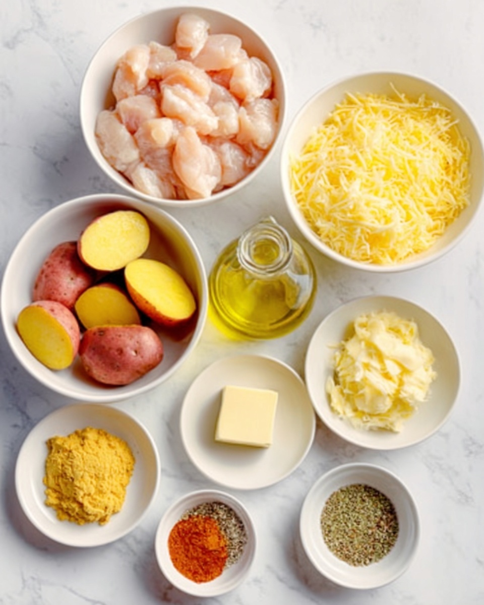 The image shows five white bowls on a white marbled surface. The top left bowl contains raw diced chicken with a pale pink color and smooth texture. To the right, a bowl filled with shredded yellow cheese sits, displaying fine strands and a soft look. Next to that, a bowl holds red-skinned potatoes cut into halves, revealing yellow insides with a firm texture. Below these, two small white bowls are visible: one contains a yellow paste-like spice, and the other holds a light yellow creamy mustard. A third smaller white bowl includes a small square of butter, pale yellow and smooth. Another small white dish holds mixed spices in three colors: green, red, and brown. A clear glass bottle of oil is also placed on the surface. Photo taken with an iphone --ar 4:5 --v 7