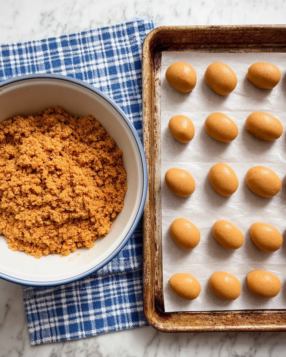 The image is divided into two parts. On the left, there is a white bowl filled with a crumbly, orange-brown mixture with a rough texture, sitting on a blue and white checkered cloth. On the right, there is a baking tray lined with white paper, holding fifteen smooth, golden-brown dough balls arranged in neat rows. The tray has a worn metal look, and the whole scene is set on a white marbled surface. photo taken with an iphone --ar 4:5 --v 7