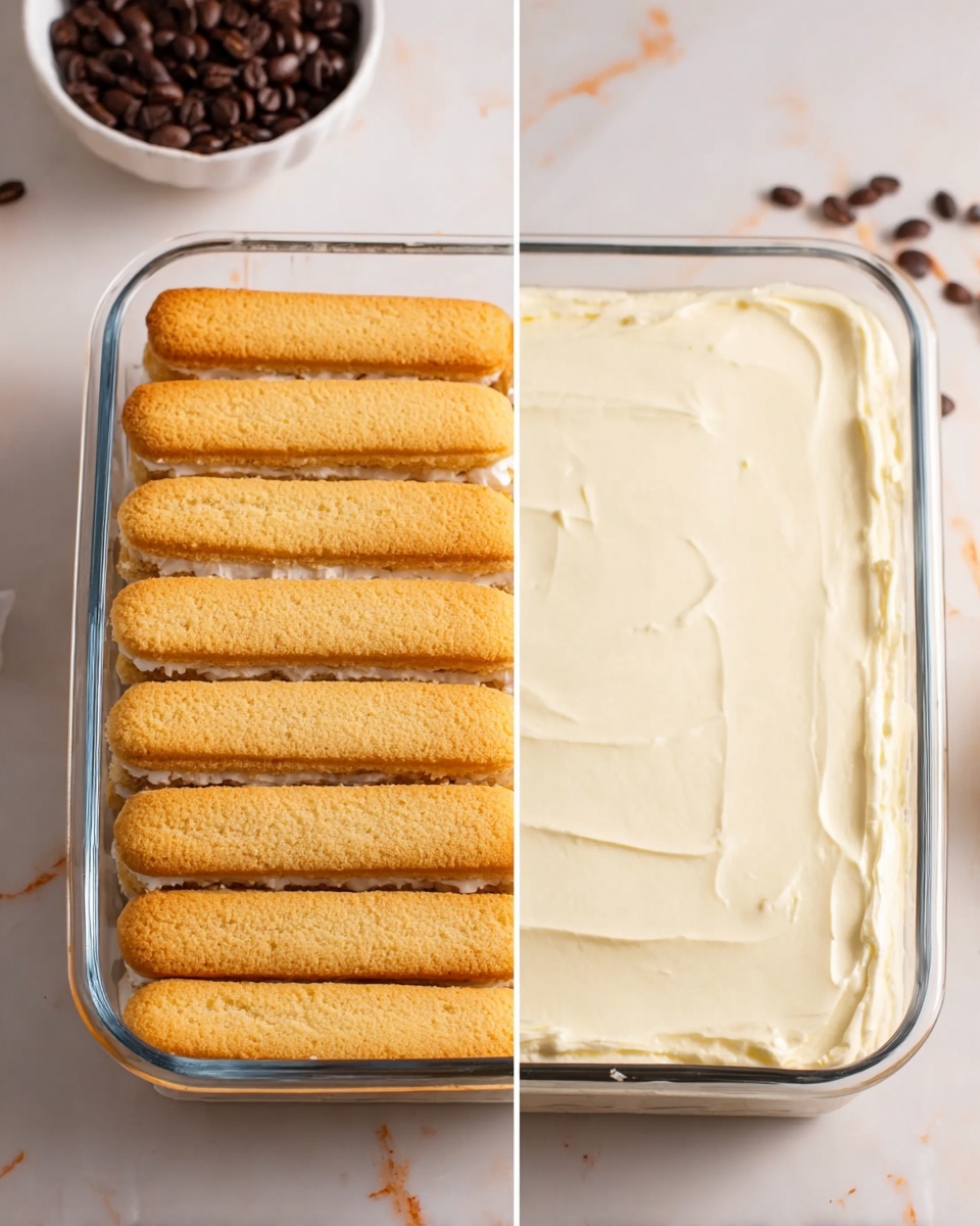 The dish is shown in a clear rectangular glass container placed on a white marbled surface. The first layer consists of two rows of golden-brown ladyfinger biscuits arranged neatly side by side, filling the bottom evenly with a slightly textured surface. The second image shows the dish with a smooth, thick, creamy off-white layer spread evenly on top, completely covering the biscuits beneath, creating a clean and creamy top texture. In the background, there is a small white bowl containing dark brown coffee beans, adding a subtle detail to the scene. Photo taken with an iphone --ar 4:5 --v 7