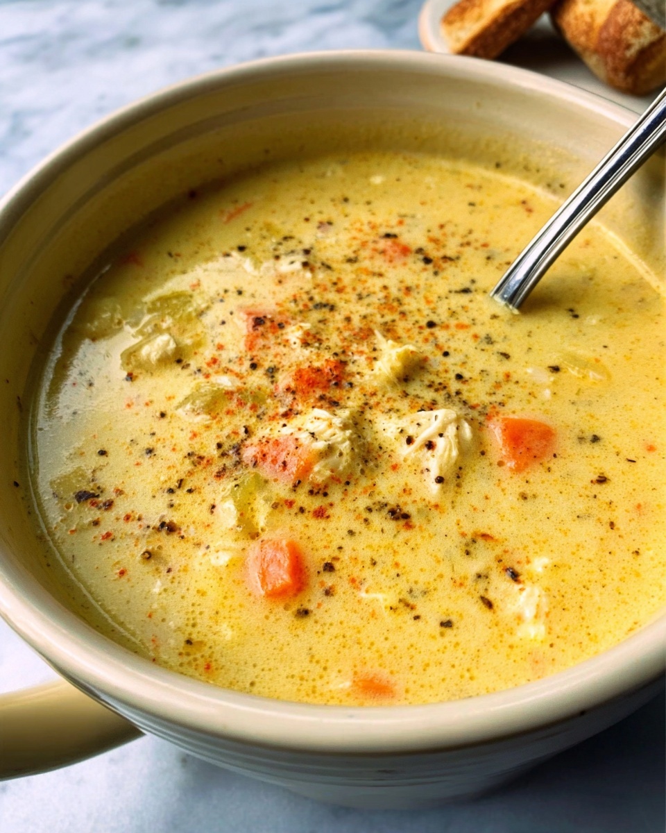 A close-up of a white bowl filled with thick creamy yellow soup with small chunks of chicken and bits of orange carrot visible in the soup. The top surface is sprinkled with black pepper and paprika, with a silver soup ladle resting inside the bowl. The bowl sits on a white marbled surface. Photo taken with an iphone --ar 4:5 --v 7