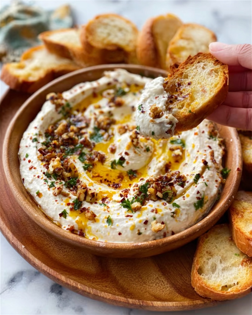 The image shows a wooden plate with a creamy white dip topped with small orange spots of oil, green herbs, and red chili flakes. Around the plate are several slices of toasted bread with a golden-brown crust. A woman's hand is holding one toast slice, dipping it into the creamy white dip that looks thick and smooth. The whole scene is set on a white marbled surface. photo taken with an iphone --ar 4:5 --v 7