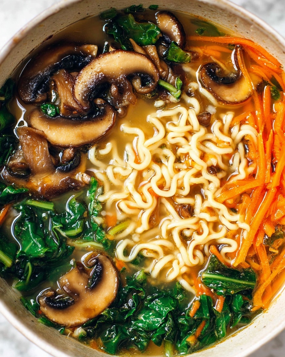 This image shows a bowl of noodle soup with clear broth. The dish has three main layers: on the left, there are thick slices of brown mushrooms with a slightly rough texture; in the center, there are curly, light beige noodles tangled together; on the right and scattered throughout, there are bright green leafy vegetables and shredded orange carrots adding color contrast. The soup looks warm and comforting, filled to the top of a round white bowl, placed on a white marbled surface. Photo taken with an iphone --ar 4:5 --v 7