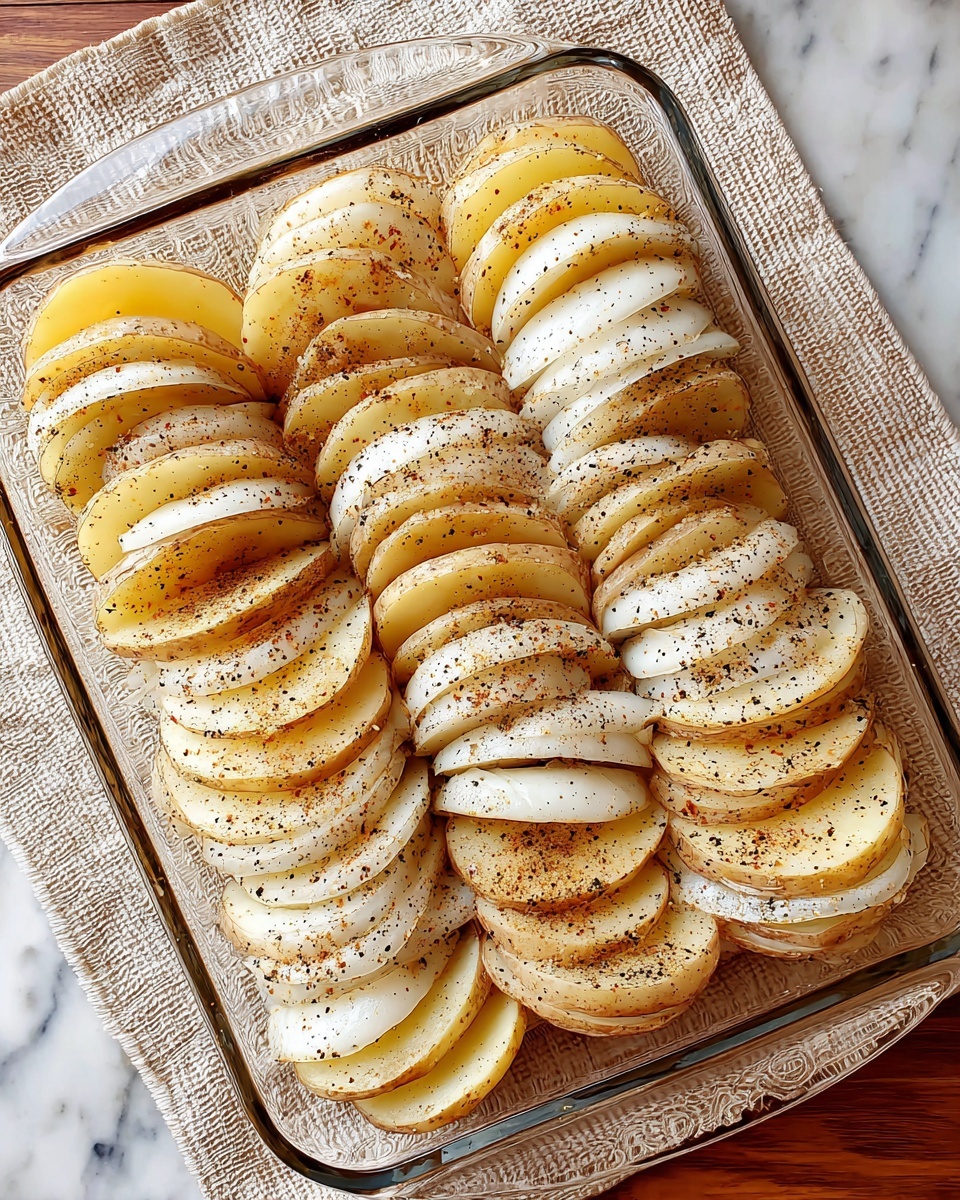 The glass baking dish is filled with four rows of thin, round slices of potatoes and onions, stacked closely in an alternating pattern. Each stack shows the pale yellow of the potato slices mixed with the whites of the onion slices, all sprinkled evenly with black pepper. The slices are layered vertically, slightly leaning but well-arranged in the rectangular clear dish. The dish sits on a beige napkin over a white marbled surface photo taken with an iphone --ar 4:5 --v 7