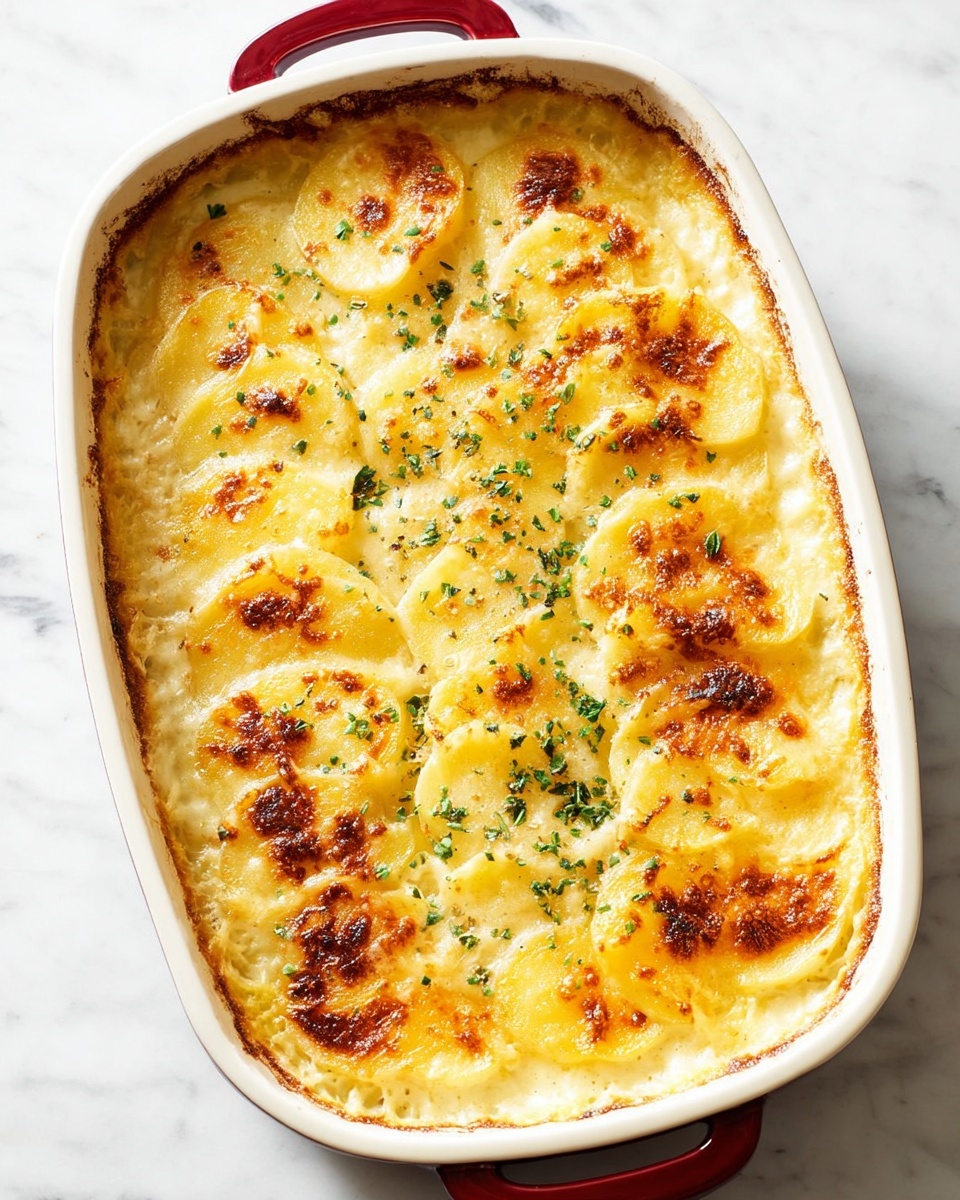 A white rectangular dish filled with a baked casserole topped with melted golden cheese. Beneath the cheese, there is a layer of orange sweet potato slices arranged in a neat overlapping pattern. The cheese looks smooth and slightly browned in spots, sprinkled evenly with small green herbs. The edges of the dish show the sweet potatoes and cheese lightly bubbling from baking. The surface beneath is a white marbled texture. Photo taken with an iphone --ar 4:5 --v 7
