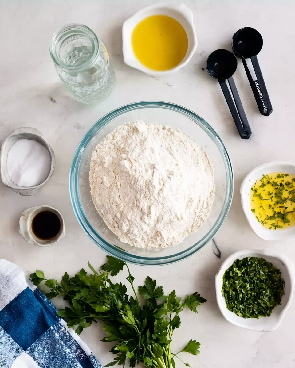 The image shows a white marbled surface with several small white bowls and measuring spoons arranged neatly. In the center, there is a large glass bowl filled with white flour. Around it, there is a small white bowl with coarse salt, another with golden olive oil, and a clear glass of water. A set of black measuring spoons is on the right side. Below the bowls, fresh green chopped herbs and a few whole green leaves are placed next to a small white bowl holding a yellow liquid with small green specks. A blue and white striped cloth is partially visible at the bottom left. Photo taken with an iphone --ar 4:5 --v 7