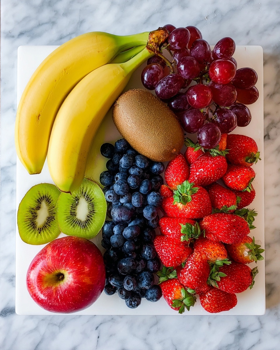 A white square board sits on a white marbled surface, filled with fresh fruit arranged neatly. At the top left are two yellow bananas placed side by side with a greenish tip. Next to them is a bunch of red grapes with shiny skins, located at the top right. Below the bananas is a whole brown kiwi fruit, and next to it is a kiwi sliced in half, showing its bright green inside with black seeds. In the center and slightly right, there are many small, round, dark blue blueberries forming a long strip. To the right of the blueberries is a row of large, bright red strawberries with green leaves at the top. Finally, at the bottom left corner, there is a whole red apple with a smooth surface. photo taken with an iphone --ar 4:5 --v 7