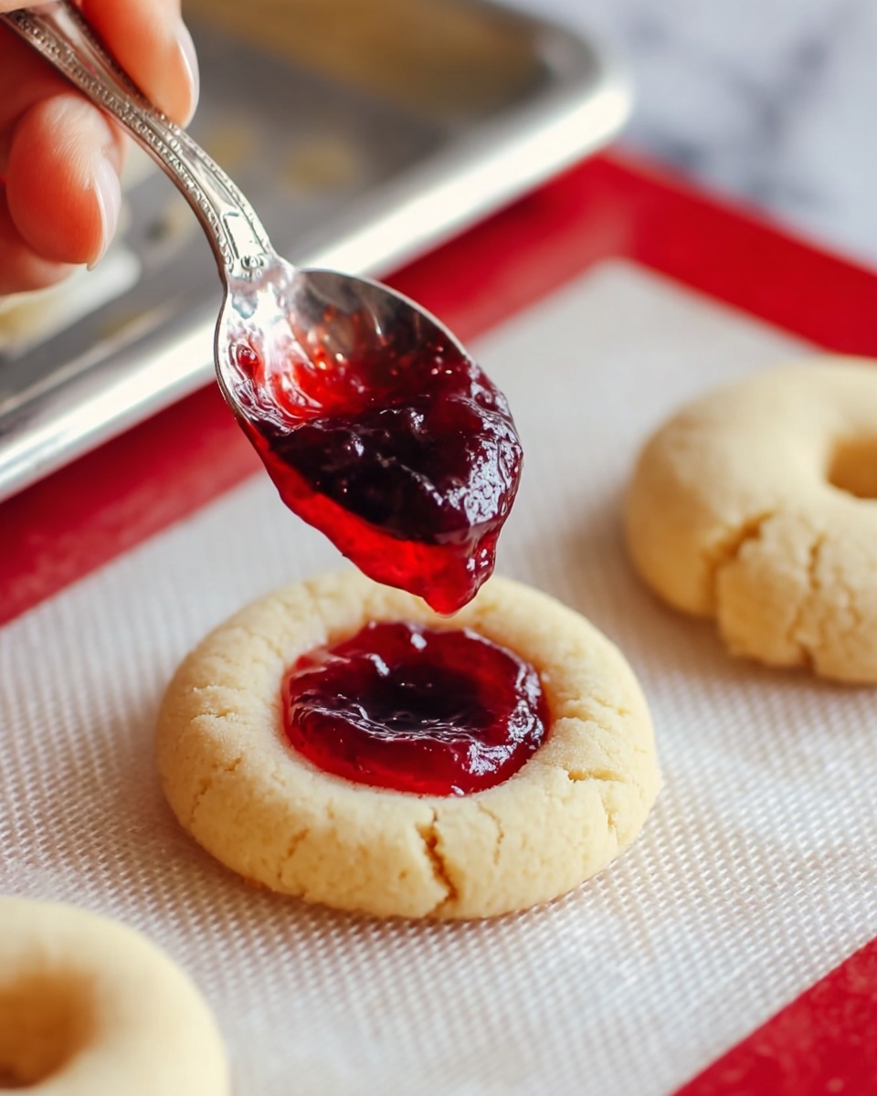 A close-up image showing a woman's hand holding a metal spoon filled with glossy red jam, dropping it into the center of a pale, round cookie with a small circular indentation. The cookie has a soft texture with slight cracks and is placed on a white marbled surface with a white silicone mat underneath. Another similar plain cookie without jam sits nearby. The background includes a metallic tray with a red edge. photo taken with an iphone --ar 4:5 --v 7