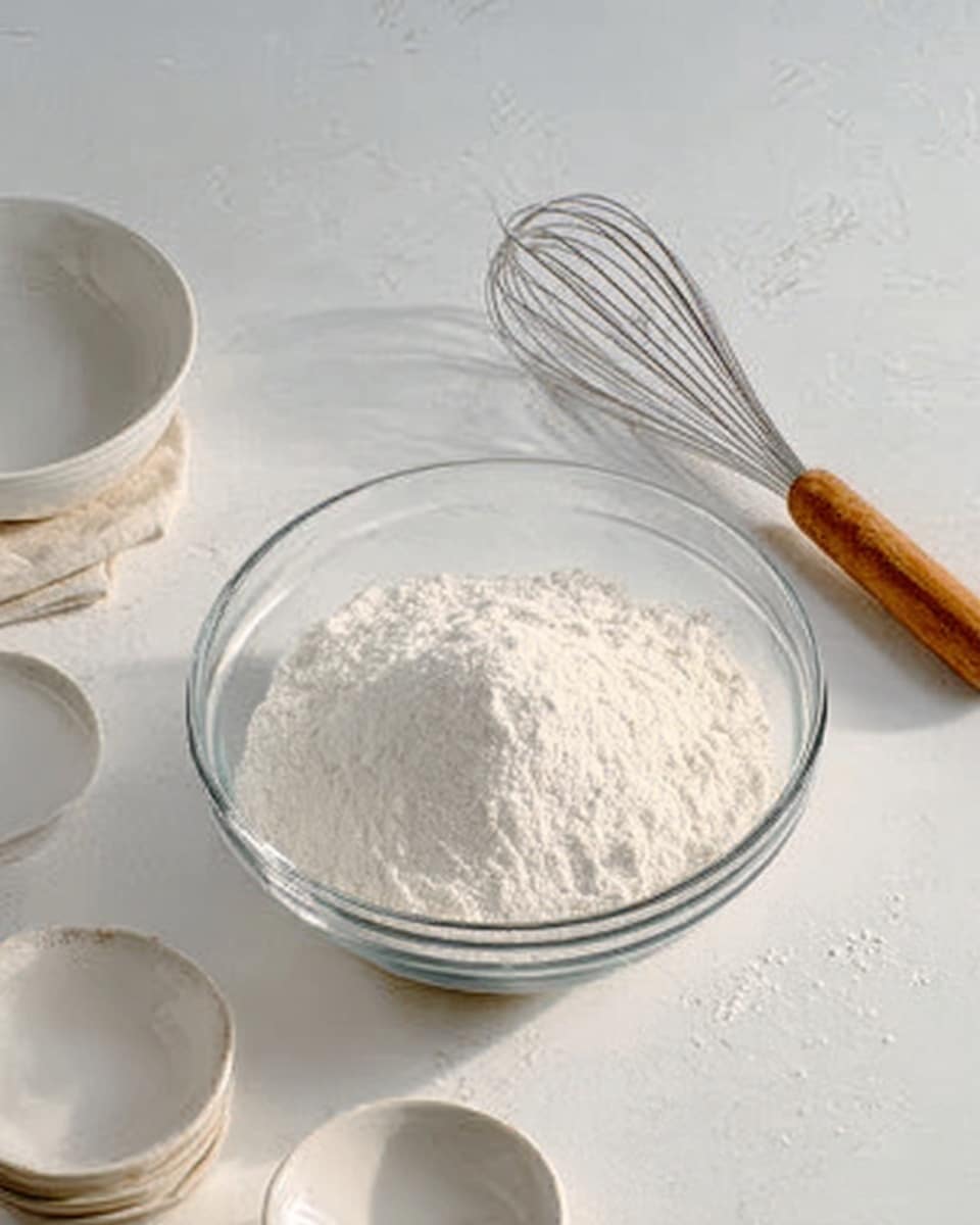 A clear glass bowl filled with white flour sits on a white marbled surface. Next to the bowl is a whisk with a wooden handle, resting horizontally. Nearby are empty white round dishes, the scene softly lit with a clean and simple look. photo taken with an iphone --ar 4:5 --v 7