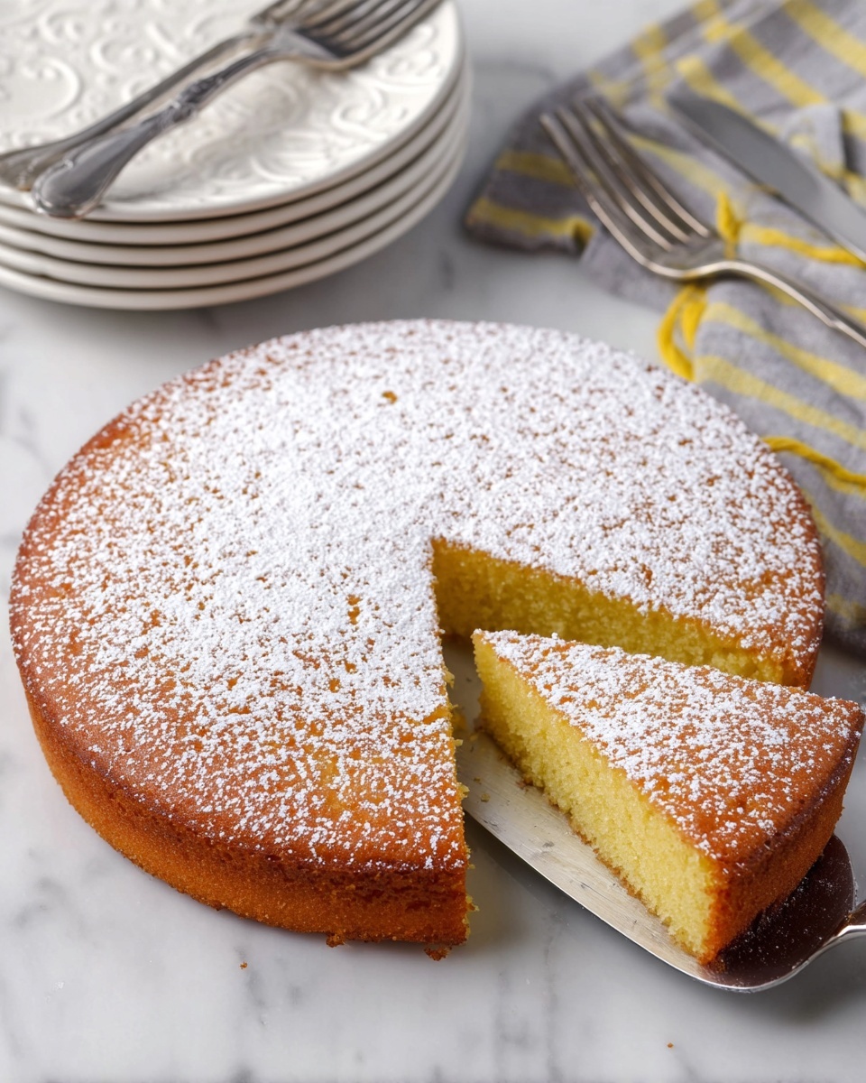 A round, single-layer yellow cake with a soft and slightly crumbly texture is shown on a white marbled surface. The cake is covered with a thin layer of white powdered sugar evenly spread on top, and one triangular slice is being lifted with a silver cake server. Nearby, there is a stack of white plates and several shiny silver forks, as well as a grey and yellow striped cloth in the background. Photo taken with an iphone --ar 4:5 --v 7