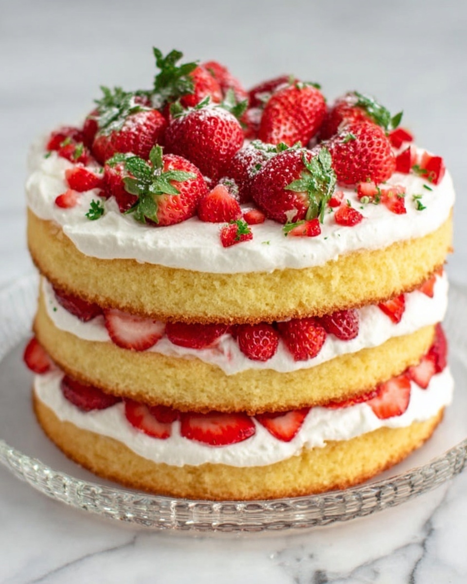 A three-layer yellow sponge cake with white cream between each layer and fresh red strawberries placed both inside the cream and on top of the cake. The strawberries are whole with green tops and some are chopped small, spread evenly on the top cream layer. The cake sits on a clear glass plate, all set on a white marbled surface. The photo taken with an iphone --ar 4:5 --v 7