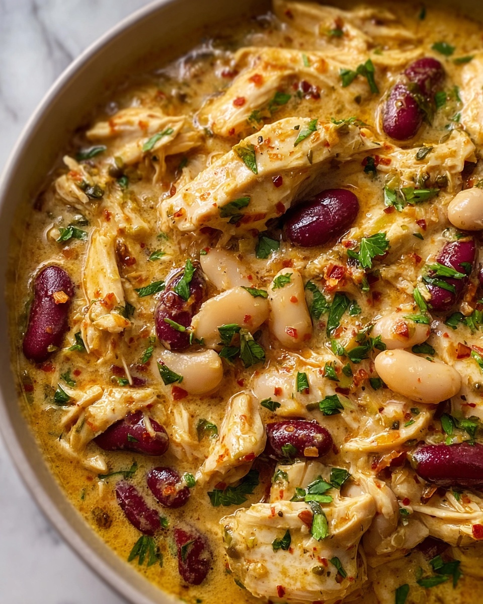 The dish shows a close-up view of a thick, creamy stew with several layers: shredded light beige chicken pieces mixed evenly with kidney beans of dark red color and white beans, all coated in a smooth, golden-yellow sauce speckled with green herbs and small red spices. The textures vary from soft beans, tender chicken chunks, to slightly chunky sauce, with fresh chopped green herbs sprinkled across the surface for a fresh look. The background features a white marbled texture. photo taken with an iphone --ar 4:5 --v 7