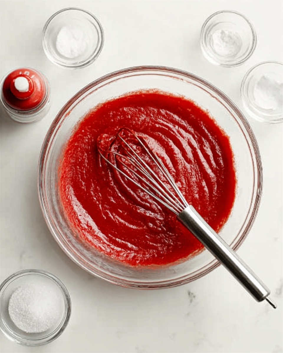 A clear glass bowl filled with thick, smooth, bright red sauce is placed on a white marbled surface. Inside the bowl, a silver whisk is stirring the sauce, showing some gentle swirls and texture. Surrounding the bowl are small clear bowls with white sugar, salt, and a small bottle of red food color. The overall look is neat and focused on the vibrant red sauce. Photo taken with an iphone --ar 4:5 --v 7