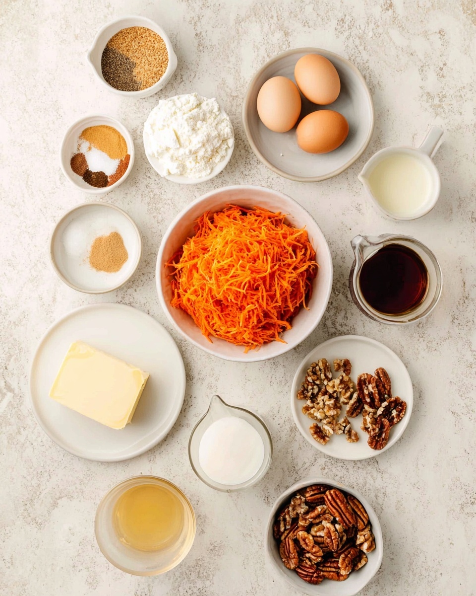 The image shows ingredients neatly arranged on a white marbled surface. At the center is a bowl filled with bright orange shredded carrots. Surrounding it are small white bowls and plates with ingredients including two raw eggs, white powdered sugar, cream cheese, pecans, a block of butter on a white plate, a small pitcher of milk, brown sugar in a bowl, golden syrup in a glass, yeast in a bowl, and a plate containing several spices in earth tones like brown and beige. The containers and plates are all white, making the vibrant colors of the ingredients stand out clearly. photo taken with an iphone --ar 4:5 --v 7
