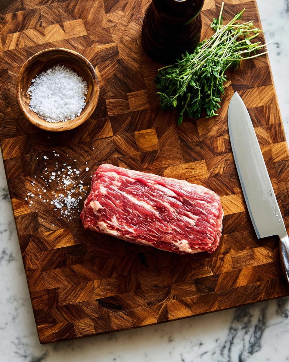 A single piece of raw red meat with white fat lines lies centered on a rich brown wooden cutting board with a patterned texture. To the left of the meat, there is a small round wooden bowl filled with coarse white salt, with some salt spilled beside it. On the right side, a large shiny silver knife rests diagonally on the board, pointing towards the top right corner. Above the knife, a bunch of fresh dark green herbs is placed. At the top center of the image, a tall dark pepper grinder is visible. The cutting board sits on a white marbled surface. Photo taken with an iphone --ar 4:5 --v 7