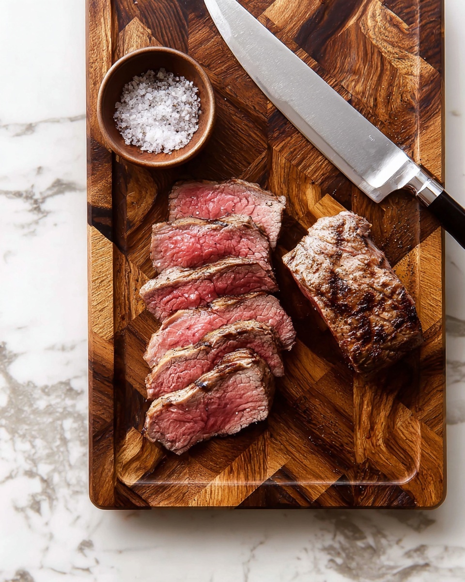 A wooden cutting board with a rich brown and natural wood grain pattern holds a piece of sliced meat. The meat has two parts: one side shows seven thin slices with a red center and browned edges, and the other side has three thicker slices with a more cooked brown outer layer and pink inside. The right side has an unsliced cooked piece of meat with a browned surface. A large silver knife lies diagonally on the board, and a small brown bowl filled with coarse salt is placed on the left edge. The cutting board sits on a white marbled surface. Photo taken with an iphone --ar 4:5 --v 7